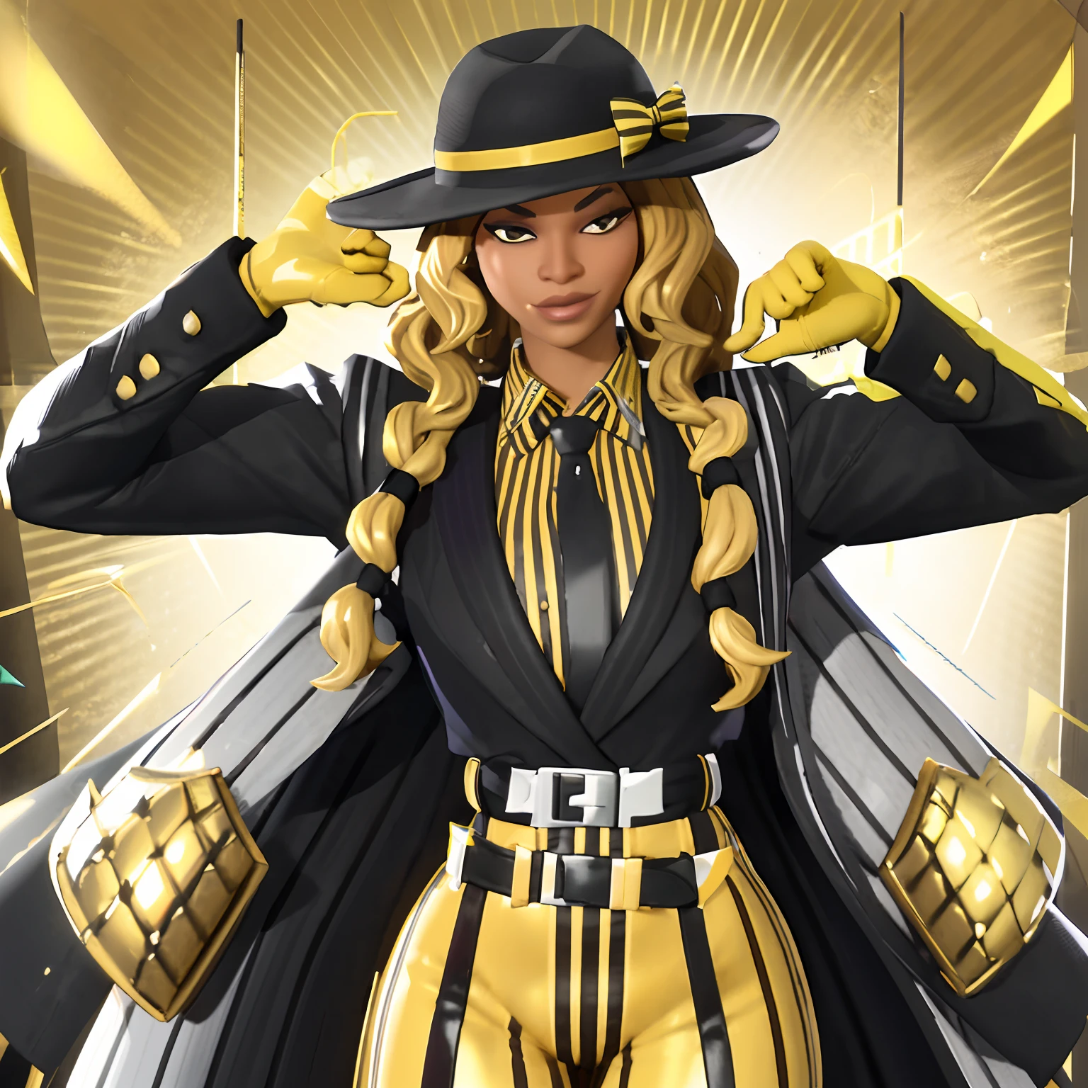 beyonce, black and yellow striped bee outfit, black and yellow hat, curly blonde hair