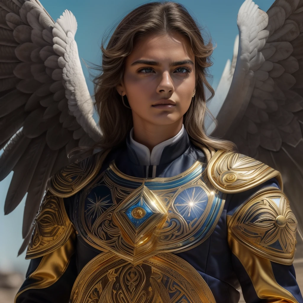 ((Male Custodian Angel. 19 years old))) ((( Con una cara seria y piadosa. Con una mirada dulce y tierna))) (obra maestra, calidad superior, mejor calidad, arte oficial, beautiful and aesthetic: 1.2), (1girl), extremadamente detallado, (Arte fractal: 1.3), colorido, highest detailed, Cara perfecta, parte superior del cuerpo, HDR, (orando: 1.3), (golden lines of white coat: 1.2), galaxia, (rayas de luz), eye-catching visuals, (dynamic stripes, senderos luminosos: 1.2), colores vibrantes,