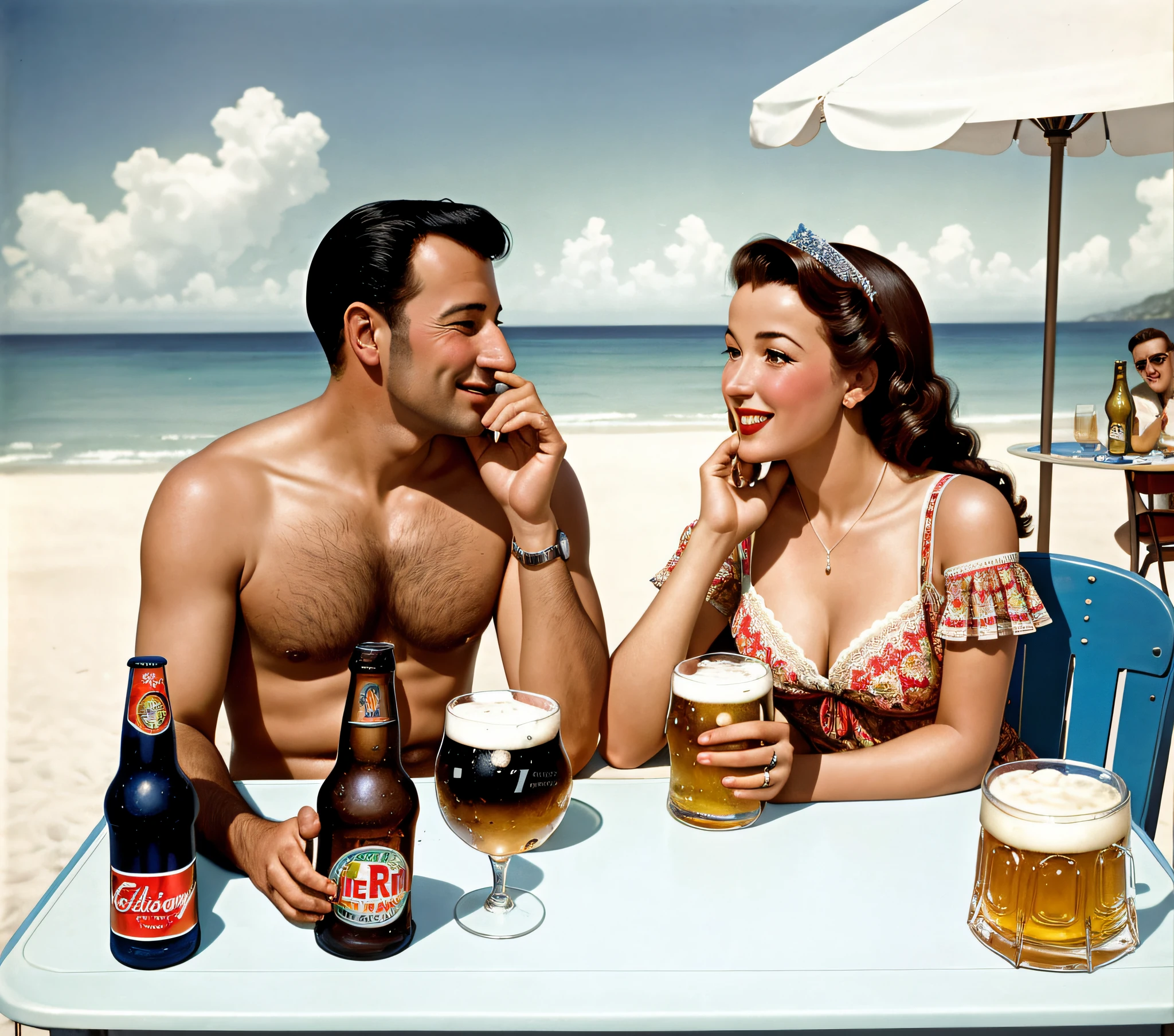 arafed picture of a man and woman sitting at a table with a bottle of beer, enjoying life!!! elegant, retro ad, elvgren, beer advertisement, happy italian beach scene, lifestyle, gill elvgren, 1 9 5 0 s americana tourism, 1960s advertisement, enjoying life to its fullest, ( art fitzpatrick )