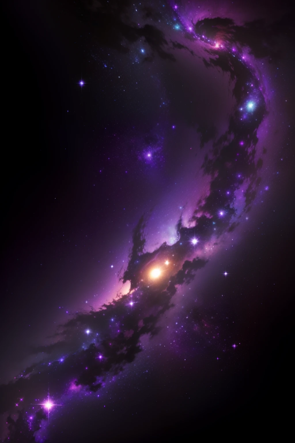 universe in purple, blue and black colors, with a galaxy in the lower right corner, made in pixelart