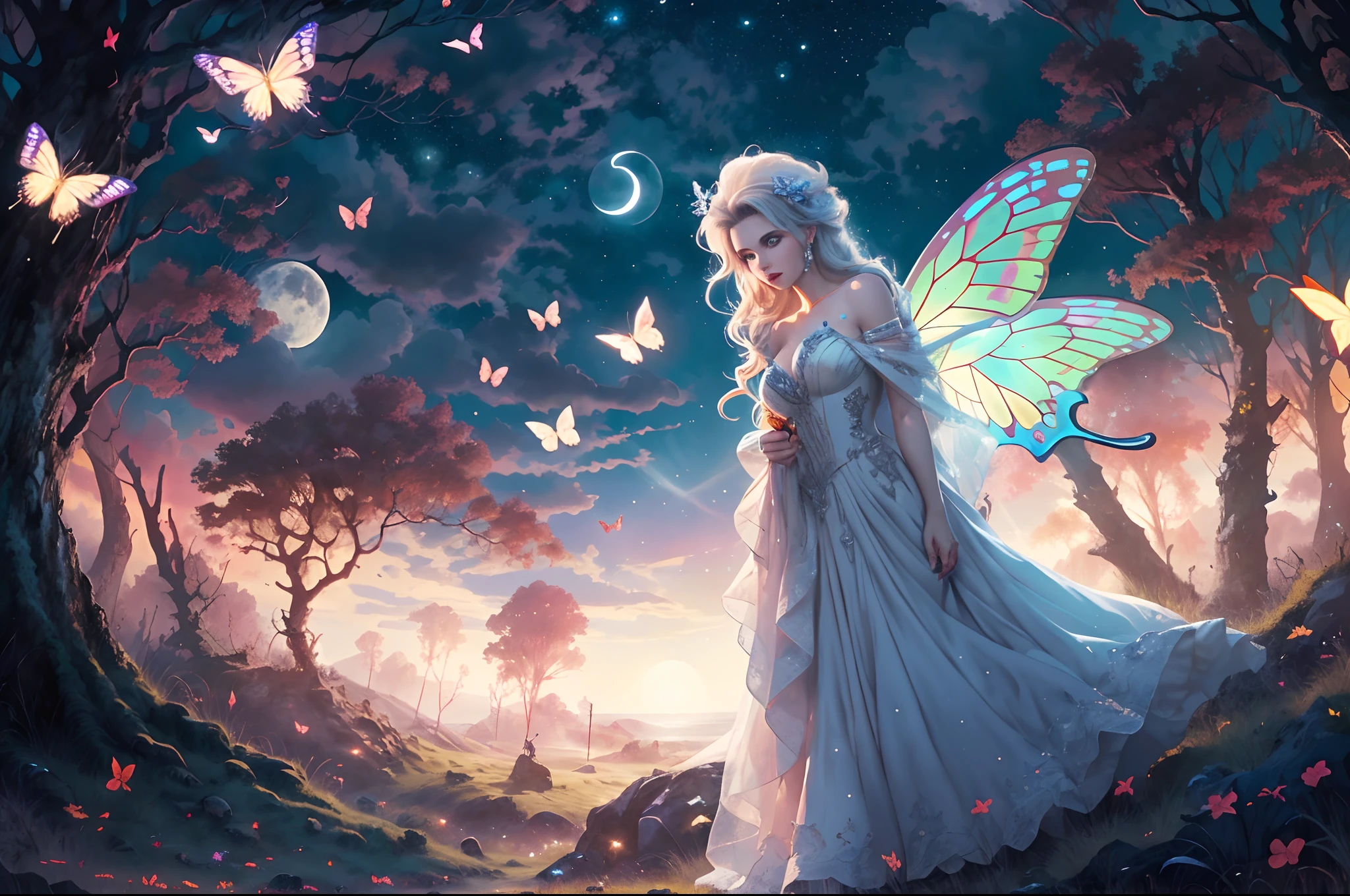 a picture of an exquisite beautiful female fairy standing under the starry night sky at the forest, dynamic angle (ultra detailed, Masterpiece, best quality), ultra detailed face (ultra detailed, Masterpiece, best quality), ultra feminine, fare skin, azure hair, wavy hair, dynamic eyes color, glowing eyes, intense eyes, red lips, [fangs], wearing white dress, elegant dress (ultra detailed, Masterpiece, best quality), butterfly's wings (ultra detailed, Masterpiece, best quality), wearing high heeled boots, sky full of stars background, moon, beat details, best quality, 8k, [ultra detailed], masterpiece, best quality, (ultra detailed), full body, ultra wide shot, photorealism, fantasy art,  Larry Elmore style,