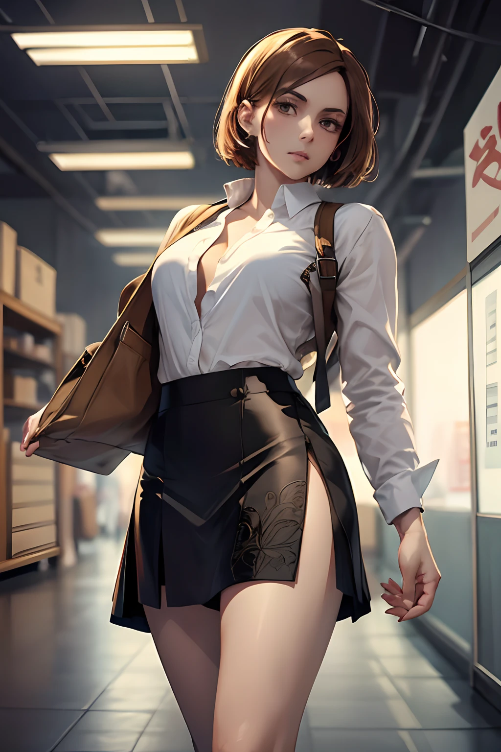1girl, cowboy shot, beautiful Nobara, white shirt, unbuttoned, black skirt, office, volumetric lighting, best quality, masterpiece, intricate details, tonemapping, sharp focus, hyper detailed, trending on Artstation,full body