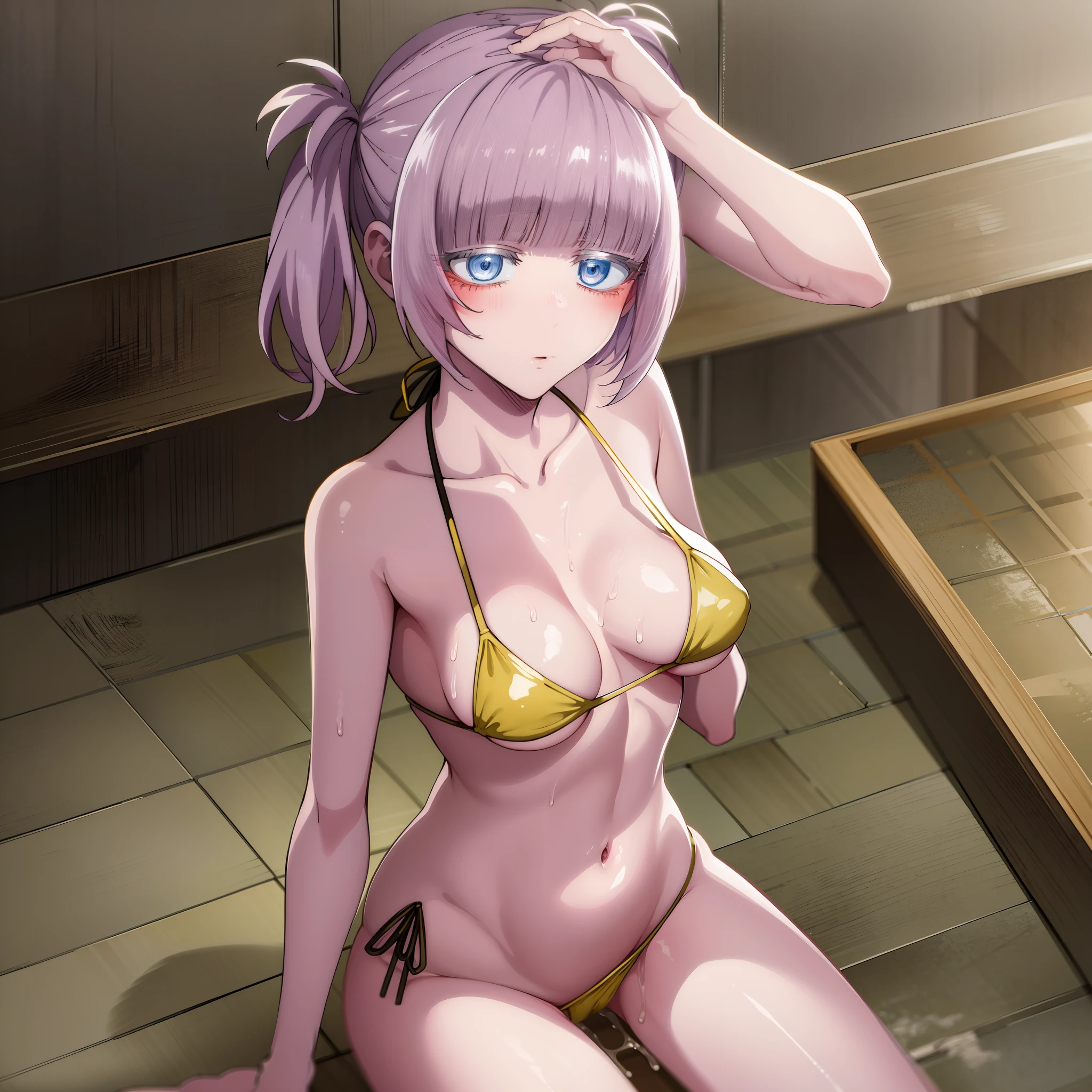 ((master part)), (best quality), sozinho,yofukashi no uta, Nazuna Nanakusa, roupa de banho, yellow bikini, (NSFW:1.2), corpo inteiro