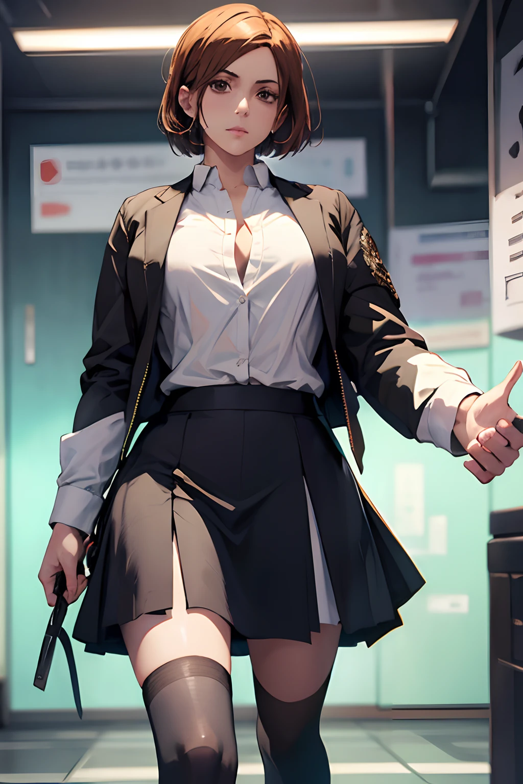 1girl, cowboy shot, beautiful Nobara, white shirt, unbuttoned, black skirt, office, volumetric lighting, best quality, masterpiece, intricate details, tonemapping, sharp focus, hyper detailed, trending on Artstation,full body