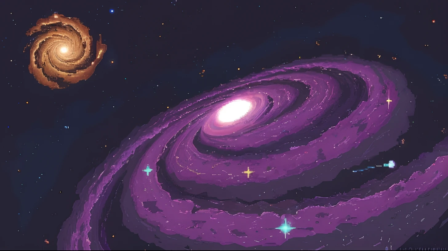 A closeup of a purple spiral galaxy with a bright star in the background, subterranean sprawling galaxy, vasto cosmos, subterranean sprawling galaxy, bela arte detalhada do pixel, near a galaxy, galaxy orbit system, pixel art detalhado, arte detalhada do pixel, arte de fundo, Conceito PixelArt, Background of the cosmic void, conceito de arte espacial, in a galaxy, space colors, # pixelarte