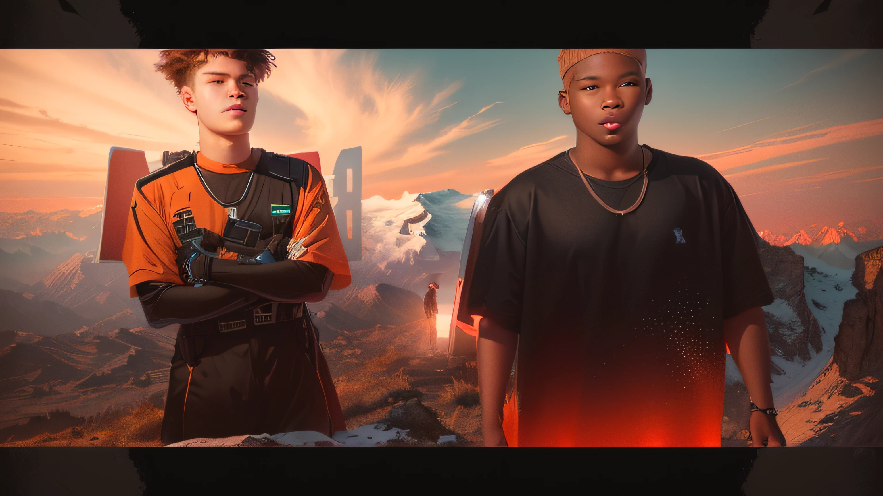 Two young men standing next to each other in front of a mountain, Two guys standing next to each other in front of a sign, Create an album cover with scenery and the 2 futuristic characters