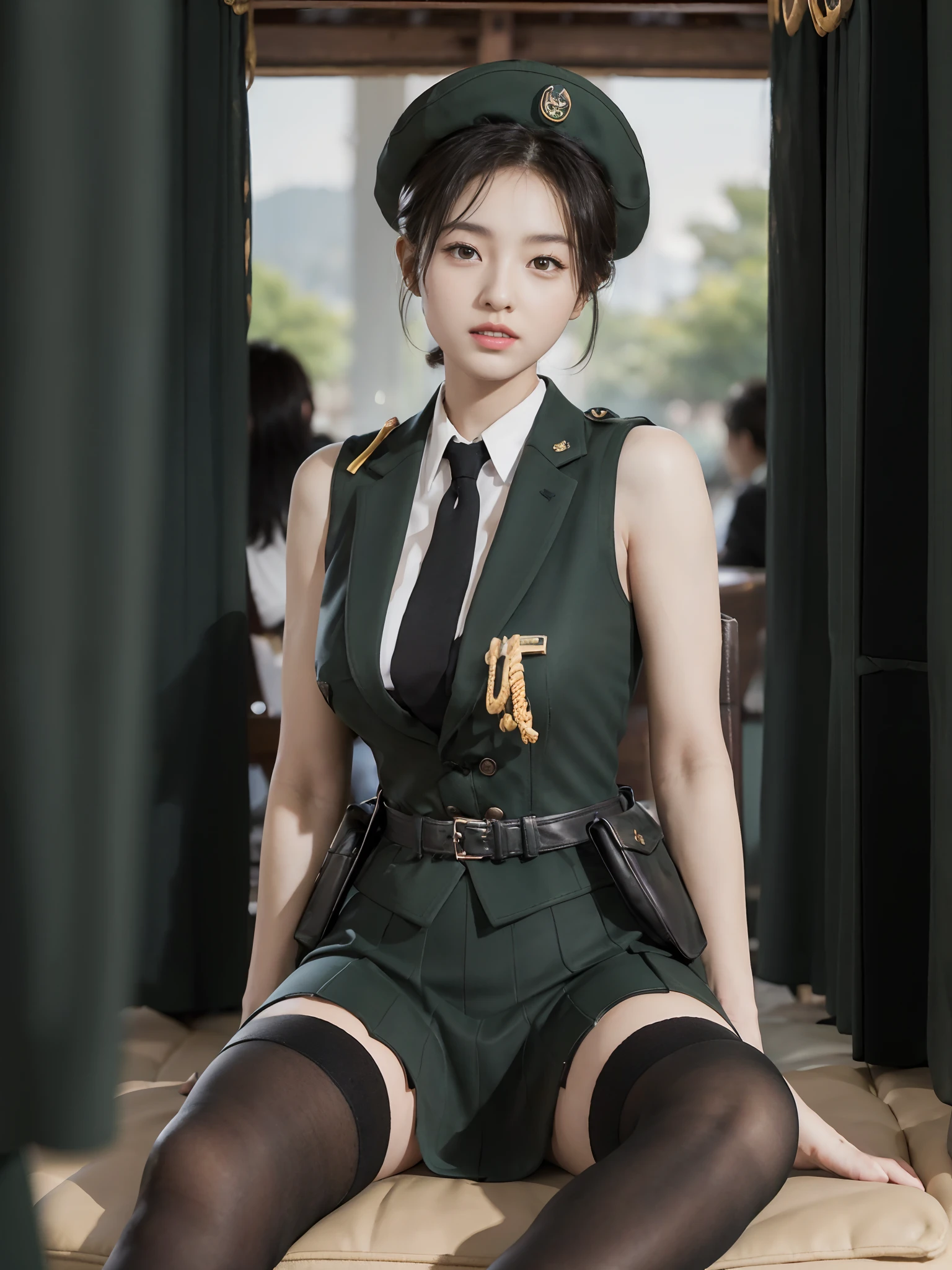 Usually detailed CG Unity 8K wallpaper，（tmasterpiece），（best qualtiy），（ultra - detailed），（Ultra photo realsisim），（best character detail：1.36），Nikon D750 f / 1.4 55mm，profesional lighting， physically-based renderingt, 1girll,  Female soldier，army suit，Dark green military uniform，Fabric texture military uniform，Pure white lining，Dark green tie，Army green skirt，military hat，Bare legged，Plump legs，whitestocking，without wearing shoes，Black hair，the golden ratio,[:(com rosto detalhado:1.2):0.2]:，PureErosFace_V1, broad shoulder,(Bigchest:1.5),(big assa:1.5),In the square，Splendid scenery，bright sun，RAW photogr，frontal photos， Look at the audience head-on，Night Street，lighting，Contre-Jour，Bright smile，White teeth，