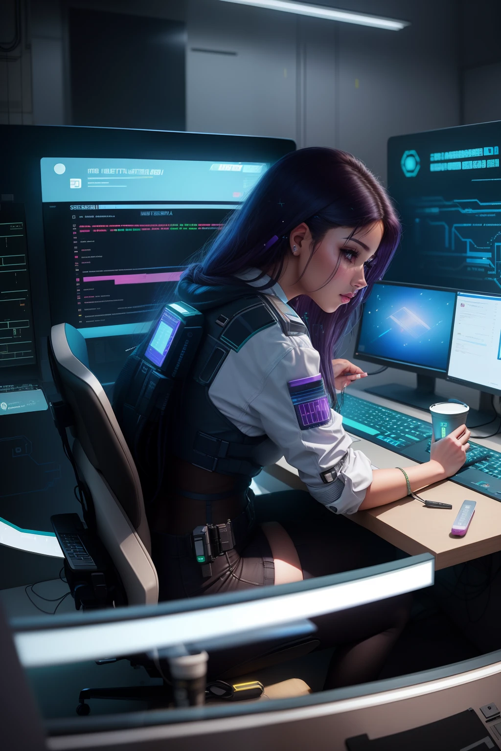 There's a woman sitting at a desk with a laptop and a monitor, Cyber Escola Menina, Foto cyberpunk, cyberpunk setting, cybernetic suit, Cybernetic style, Judy Alvarez cyberpunk, tem estilo cyberpunk, no estilo cyberpunk, female cyborg in data center, cybersuits, Argila Cyberpunk, cyberpunk feminino, hacker cyberpunk, Fotografia de uma mulher techwear, cyberpunk moderno