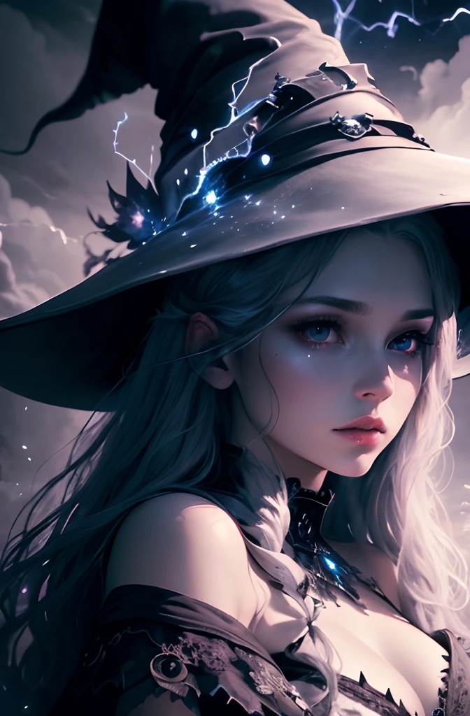 Portrait, ((best quality)), ((masterpiece)), (detailed), front view, witch wearing witch hat, ethereal beauty, (magic mysterious background, lightning, glowing particles, ethereal fog, faint darkness), (fantasy illustration:1.3), enchanting gaze, captivating pose, moonlit night, soft colors, (detailed cloudscape:1.3), (high-resolution:1.2)