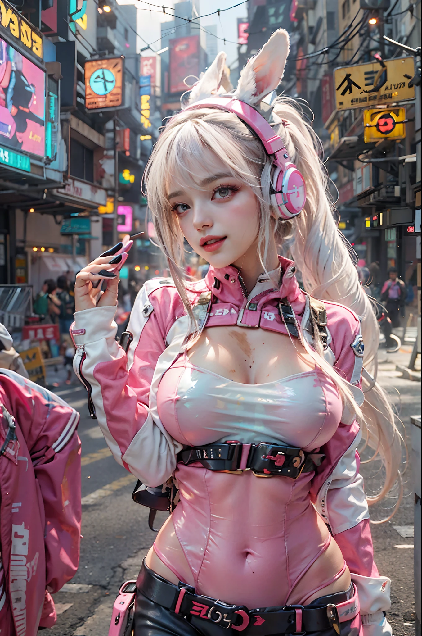 (RAW photo, best quality, masterpiece:1.2), (realistic, photo-realistic:1.4),(masterpiece:1.4),(best quality:1.4),1girl, solo, :d, animal ear headphones, arms up, bangs, blush, bodysuit, breasts, bunny pose, clothes writing, covered navel, cowboy shot, cropped jacket, gloves, (((cyberpunk city streets background))), hair intakes, headphones, impossible bodysuit, impossible clothes, jacket, large breasts, latex, latex bodysuit, long hair, long sleeves, looking at viewer, large breasts, multicolored gloves, open mouth, pink bodysuit, pink eyes, red jacket, shiny clothes, shrug \(clothing\), sidelocks, skin tight, smile, thigh gap, thighs, twintails, very long hair, white gloves, white hair,alice \(nikke\),(shiny skin),realistic.