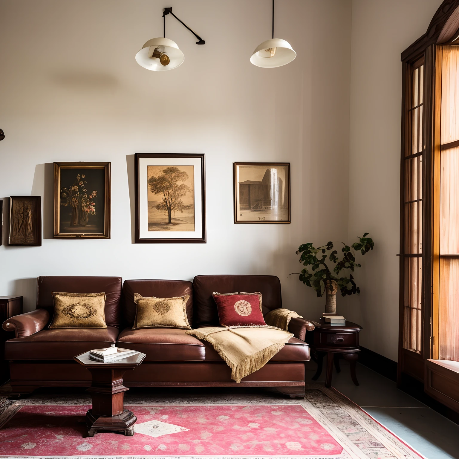 In a room of a classic-style house, the once impeccable decor now displays traces of a slight chaos. The worn Persian rug exhibits faded colors and enigmatic patterns, while the red velvet curtains are partially drawn, allowing only faint and dim rays of light to infiltrate the space.
In the center of the room, a dark brown leather-upholstered sofa, once luxurious, now bears some scratches and signs of wear. The uneven upholstery creates a rough and worn texture, almost like a visual metaphor for the passage of time. On top of the sofa, cushions of different sizes and dark shades are misaligned, adding to the sense of disorder.
The woman is lying on the sofa, her back supported by the cushions and both legs extended upwards, so that her thighs almost touch her breasts. She is wearing intimate clothing, not for sensuality, but perhaps more as an expression of raw vulnerability. Her pale skin contrasts with the darkness of the room, and her posture suggests a kind of reflection or inner search.
The man is seated on another sofa, a bit distant, with his elbows resting on his knees and his hands intertwined. His gaze is intense and focused on the woman, but not in an invasive manner. There is a mixture of concern and understanding in his eyes, as if he is witnessing something deep and personal in the woman. The dim light highlights the lines on his face, indicating the passage of time and lived experiences.
The space is punctuated by a few pieces of furniture: a dusty dark wooden bookshelf filled with books that seem untouched for years; a glass coffee table with a single vase of dried flowers, now emitting a nostalgic fragrance; and a lamp with a dim bulb, casting dancing shadows on the walls, contributing to the somber and reflective atmosphere of the room.
Despite the gentle chaos that permeates the environment, there is no feeling of discomfort, but rather an aura of introspection and connection between the two protagonists, each immersed in their own thoughts