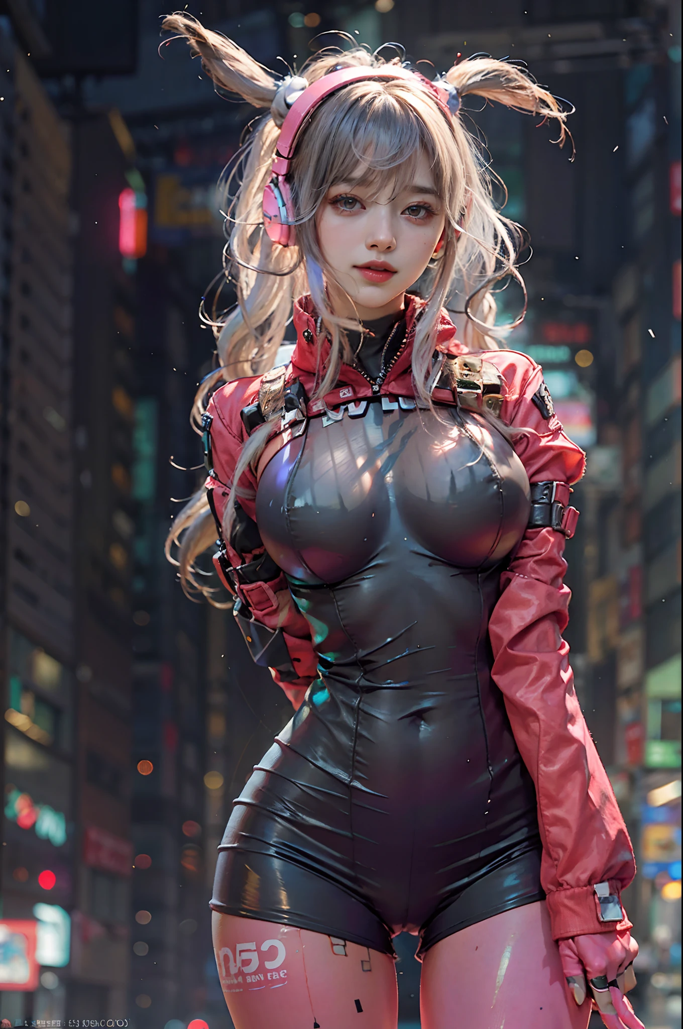 (RAW photo, best quality, masterpiece:1.2), (realistic, photo-realistic:1.4),(masterpiece:1.4),(best quality:1.4),1girl, solo, :d, animal ear headphones, arms up, bangs, blush, bodysuit, breasts, bunny pose, clothes writing, covered navel, cowboy shot, cropped jacket, gloves, (((cyberpunk city streets background))), hair intakes, headphones, impossible bodysuit, impossible clothes, jacket, large breasts, latex, latex bodysuit, long hair, long sleeves, looking at viewer, large breasts, multicolored gloves, open mouth, pink bodysuit, pink eyes, red jacket, shiny clothes, shrug \(clothing\), sidelocks, skin tight, smile, thigh gap, thighs, twintails, very long hair, white gloves, white hair,alice \(nikke\),(shiny skin),realistic.