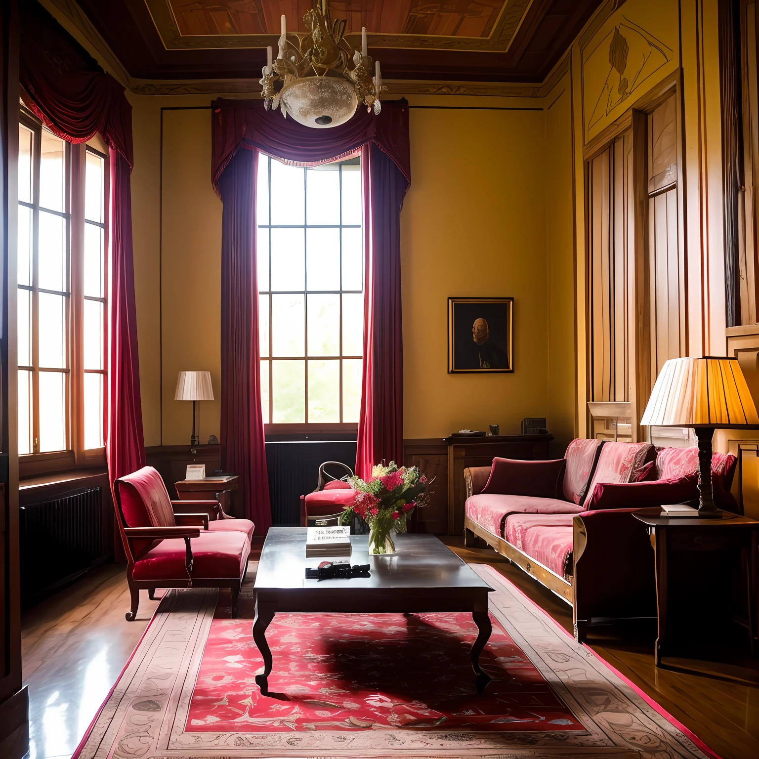 In a room of a classic-style house, the once impeccable decor now displays traces of a slight chaos. The worn Persian rug exhibits faded colors and enigmatic patterns, while the red velvet curtains are partially drawn, allowing only faint and dim rays of light to infiltrate the space.
In the center of the room, a dark brown leather-upholstered sofa, once luxurious, now bears some scratches and signs of wear. The uneven upholstery creates a rough and worn texture, almost like a visual metaphor for the passage of time. On top of the sofa, cushions of different sizes and dark shades are misaligned, adding to the sense of disorder.
The woman is lying on the sofa, her back supported by the cushions and both legs extended upwards, so that her thighs almost touch her breasts. She is wearing intimate clothing, not for sensuality, but perhaps more as an expression of raw vulnerability. Her pale skin contrasts with the darkness of the room, and her posture suggests a kind of reflection or inner search.
The man is seated on another sofa, a bit distant, with his elbows resting on his knees and his hands intertwined. His gaze is intense and focused on the woman, but not in an invasive manner. There is a mixture of concern and understanding in his eyes, as if he is witnessing something deep and personal in the woman. The dim light highlights the lines on his face, indicating the passage of time and lived experiences.
The space is punctuated by a few pieces of furniture: a dusty dark wooden bookshelf filled with books that seem untouched for years; a glass coffee table with a single vase of dried flowers, now emitting a nostalgic fragrance; and a lamp with a dim bulb, casting dancing shadows on the walls, contributing to the somber and reflective atmosphere of the room.
Despite the gentle chaos that permeates the environment, there is no feeling of discomfort, but rather an aura of introspection and connection between the two protagonists, each immersed in their own thoughts