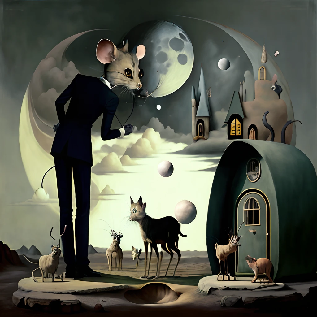 surrealism,Mice play golf with cat's paws,Next to it, A dog with a kennel instead of a head howls at the moon in the form of a golf ball,