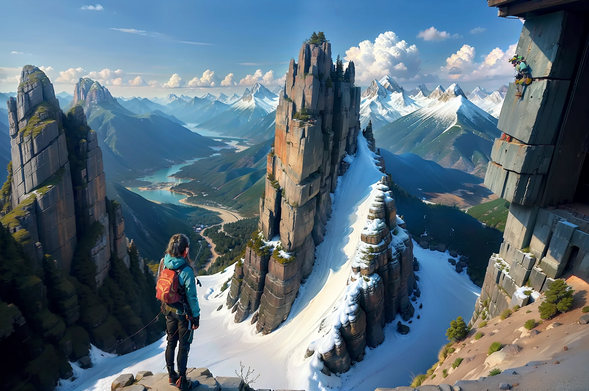 (ultra hd photo),Excellent image quality,Realistic details,realisticlying,Realiy,stunning view,People overlook the mountains from the top of the mountain,Faraway view,ultra-wide-angle,overhead photography,It's too sunny,blue-sky(0.2),Yamakawa ,rios,Greenwood(0.2),Climbers look out over the mountains in the distance,The backs of climbers are slightly smaller,baiyun(0.2),A detailed,full bloom,Psychedelic, Vivid colors,dream magical(0.5),high qulity,best qualtiy,awardwinning