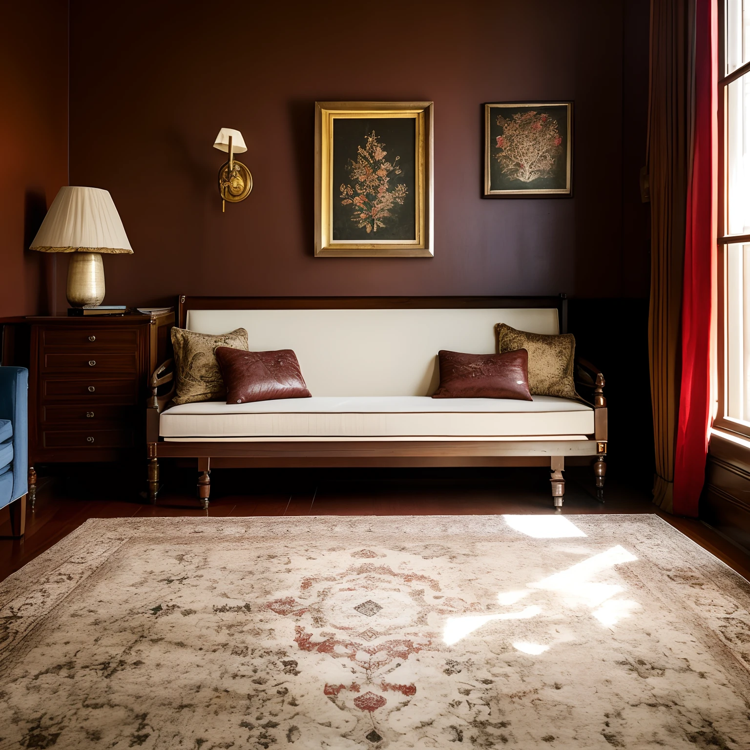 In a room of a classic-style house, the once impeccable decor now displays traces of a slight chaos. The worn Persian rug exhibits faded colors and enigmatic patterns, while the red velvet curtains are partially drawn, allowing only faint and dim rays of light to infiltrate the space.
In the center of the room, a dark brown leather-upholstered sofa, once luxurious, now bears some scratches and signs of wear. The uneven upholstery creates a rough and worn texture, almost like a visual metaphor for the passage of time. On top of the sofa, cushions of different sizes and dark shades are misaligned, adding to the sense of disorder.
The woman is lying on the sofa, her back supported by the cushions and both legs extended upwards, so that her thighs almost touch her breasts. She is wearing intimate clothing, not for sensuality, but perhaps more as an expression of raw vulnerability. Her pale skin contrasts with the darkness of the room, and her posture suggests a kind of reflection or inner search.
The man is seated on another sofa, a bit distant, with his elbows resting on his knees and his hands intertwined. His gaze is intense and focused on the woman, but not in an invasive manner. There is a mixture of concern and understanding in his eyes, as if he is witnessing something deep and personal in the woman. The dim light highlights the lines on his face, indicating the passage of time and lived experiences.
The space is punctuated by a few pieces of furniture: a dusty dark wooden bookshelf filled with books that seem untouched for years; a glass coffee table with a single vase of dried flowers, now emitting a nostalgic fragrance; and a lamp with a dim bulb, casting dancing shadows on the walls, contributing to the somber and reflective atmosphere of the room.
Despite the gentle chaos that permeates the environment, there is no feeling of discomfort, but rather an aura of introspection and connection between the two protagonists, each immersed in their own thoughts