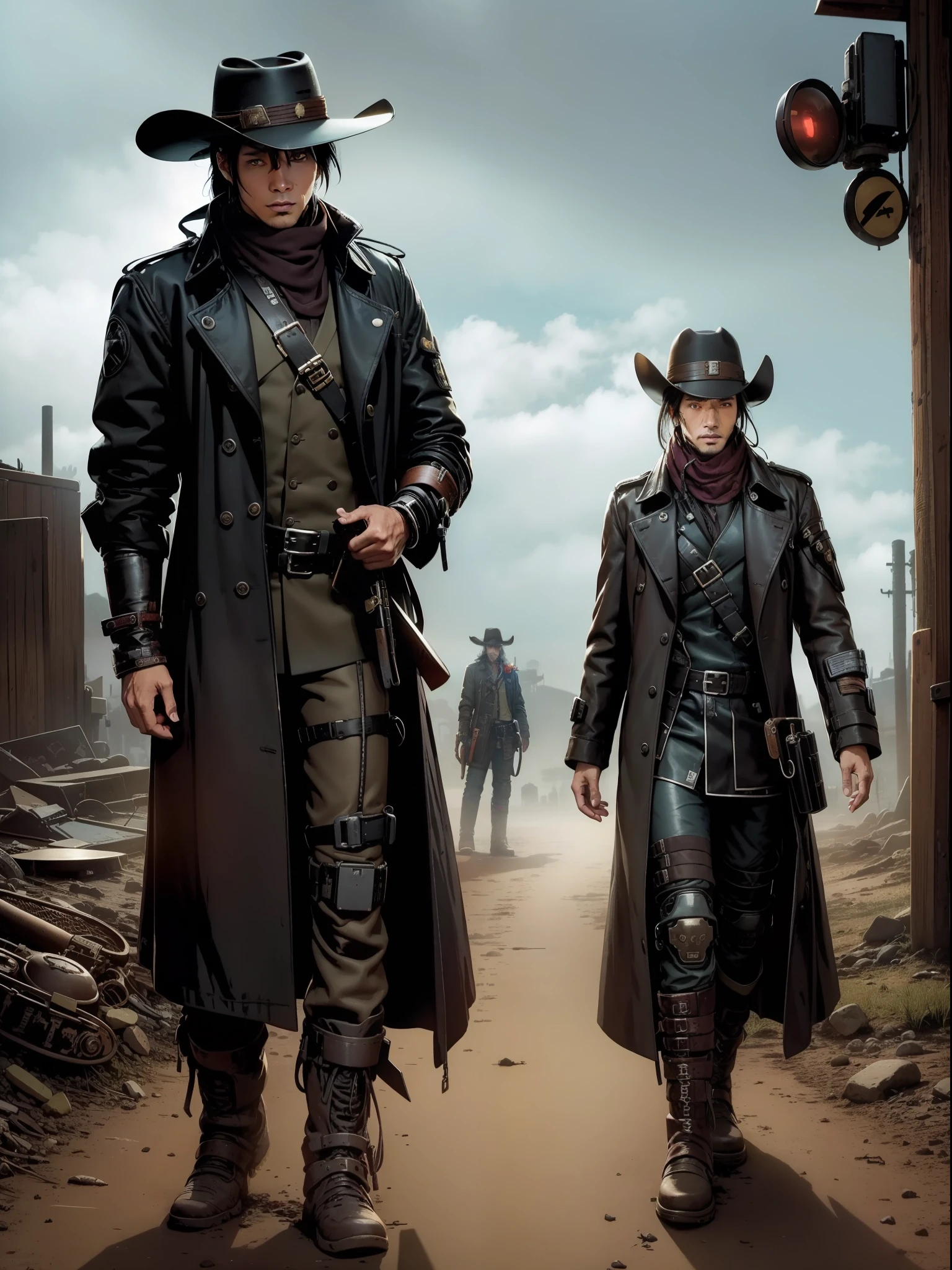 there is a man in a hat and trench coat holding , in a post apocalyptic setting, japanese cyberpunk wild west, post - apocalyptic cowboy, post apocalyptic explorer, post apocalyptic japanese western style, cyberpunk style outfit, post apocalyptic, cinematic full body shot, post apocalyptic attire, cyberpunk street goon, western steampunk cybo
