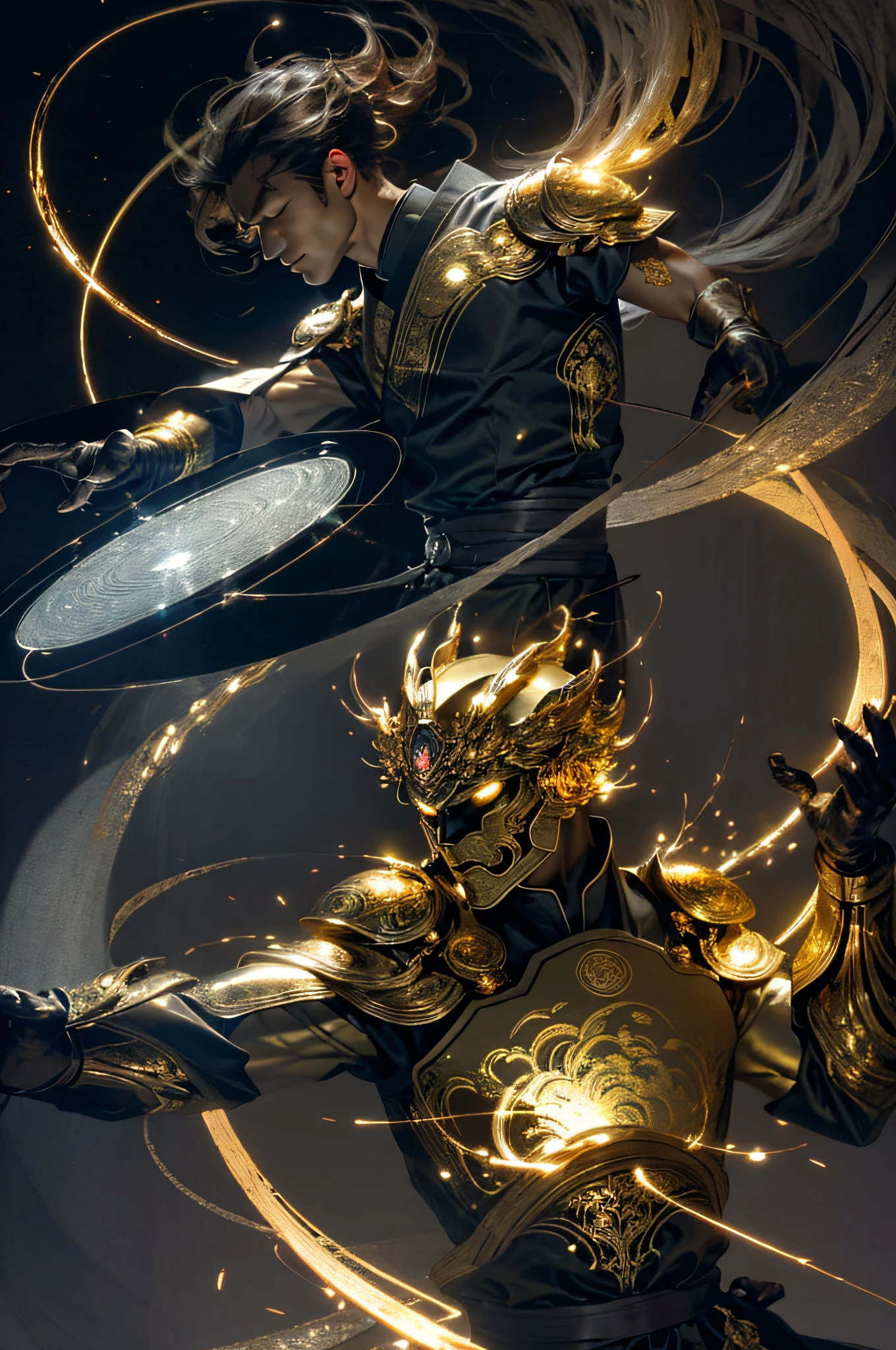 best qualityer，tmasterpiece，超高分辨率，独奏，1wolf，White-brown，Chinese Zen style，Impact screen，translucent and glowing metallic patterns，（A luminous metal object hovers in the air and surrounds it：1.2），（Electric arcs and sparks：1.2），（Energy flow：1.2），（translucent magnetic lines：1.2），（golden silver grey and shimmering light effects：1.2），