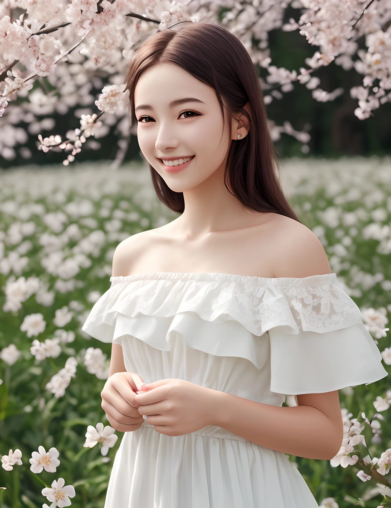 Highest quality, masterpiece, Ultra-high resolution (Realistic: 1.4), RAW Photos, 1 Girl, White Dress, Bare shoulders, A field full of pink flowers, Glowing Skin, smile