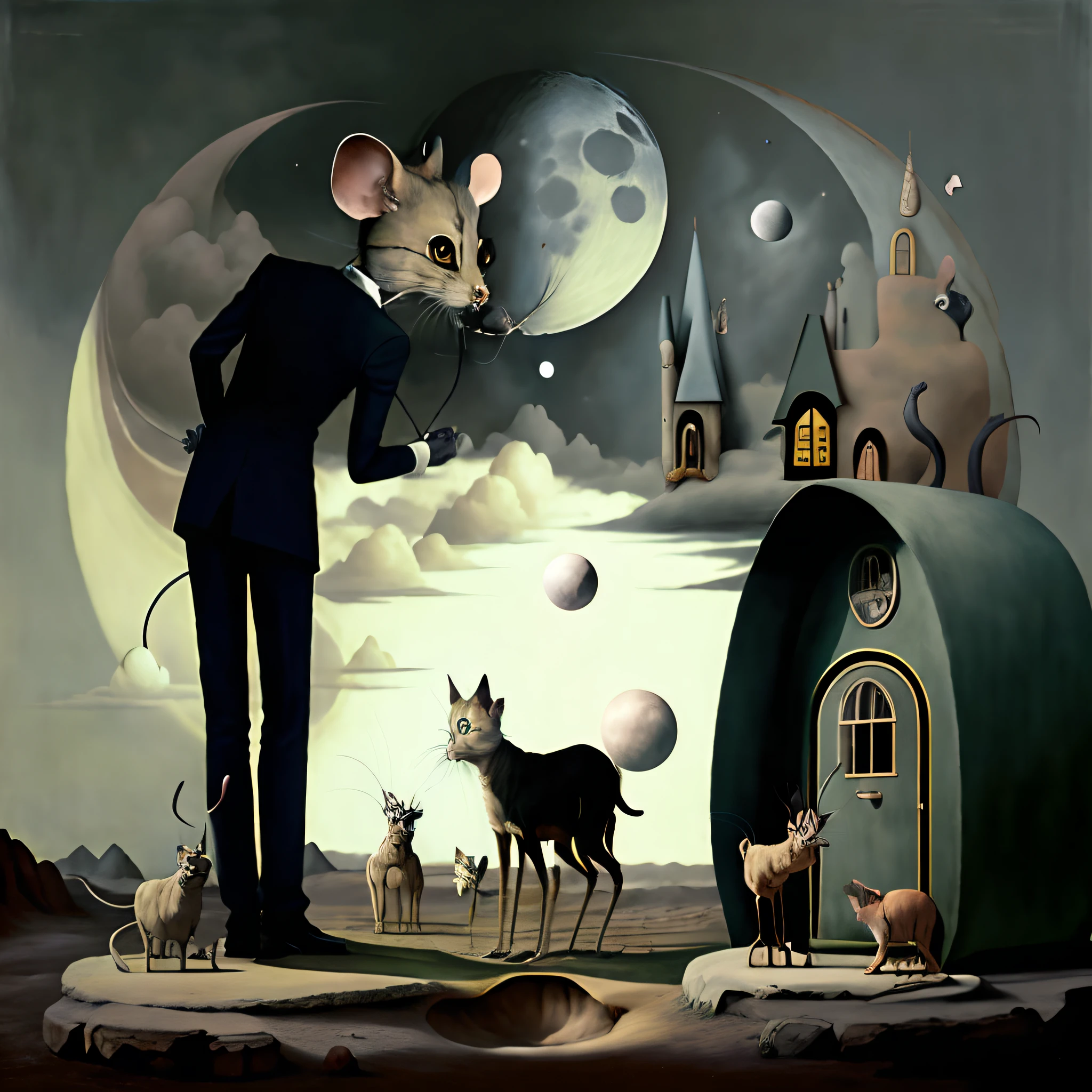 surrealism,Mice play golf with cat's paws,Next to it, A dog with a kennel instead of a head howls at the moon in the form of a golf ball,