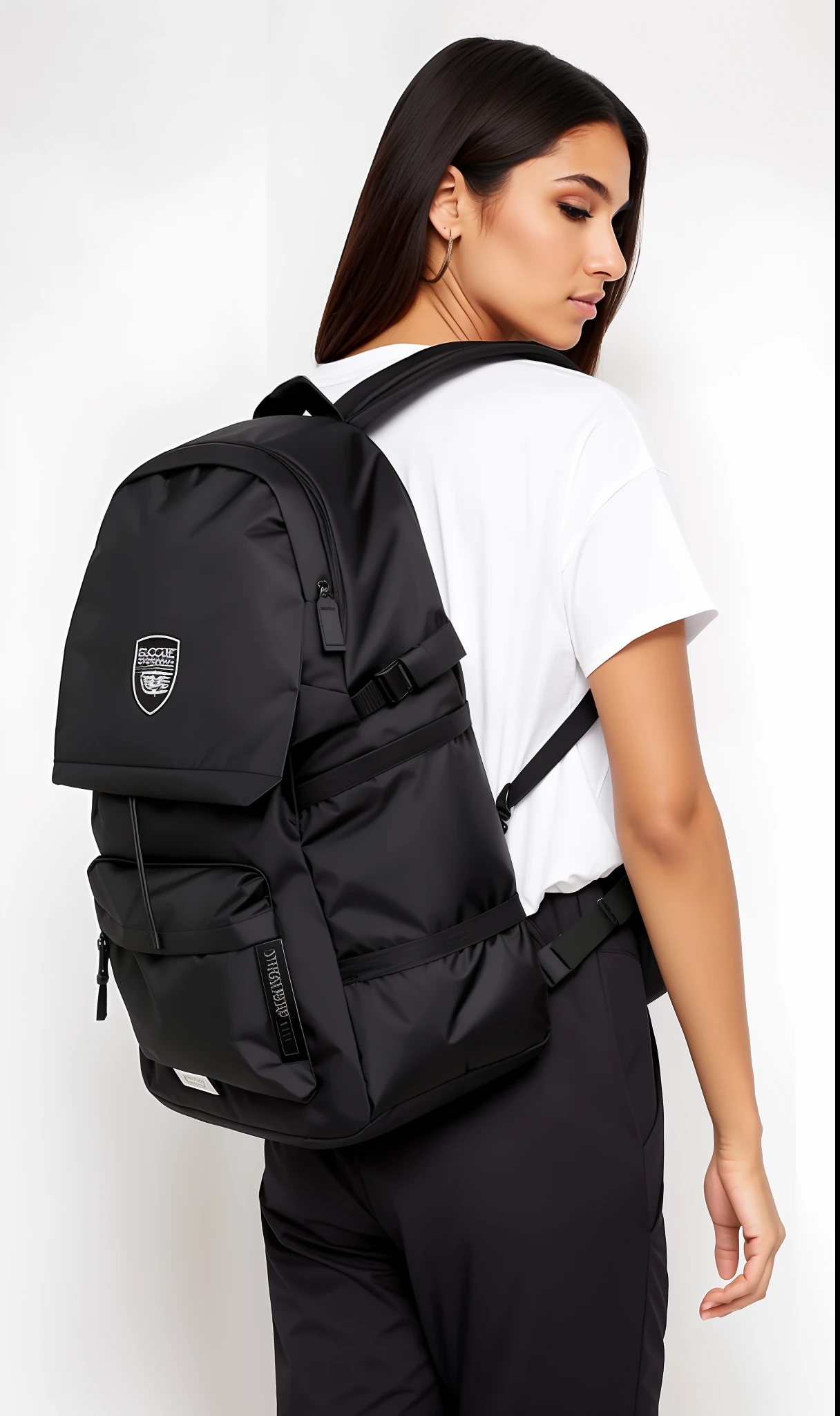 uma mulher linda, with defined assets, Accentuated spoils, vestindo uma mochila, shorts preto e uma camisa branca, mochila, uma mochila, com uma mochila, uma mulher usando uma mochila, a mulher tem uma mochila, bonito enorme bolsos hardware, roupas de caminhada, Sacos, trending on r/techwearclothing, carregando um saco de selim, com dois bolsos frontais, mochila escolar, trending on r/streetwear
