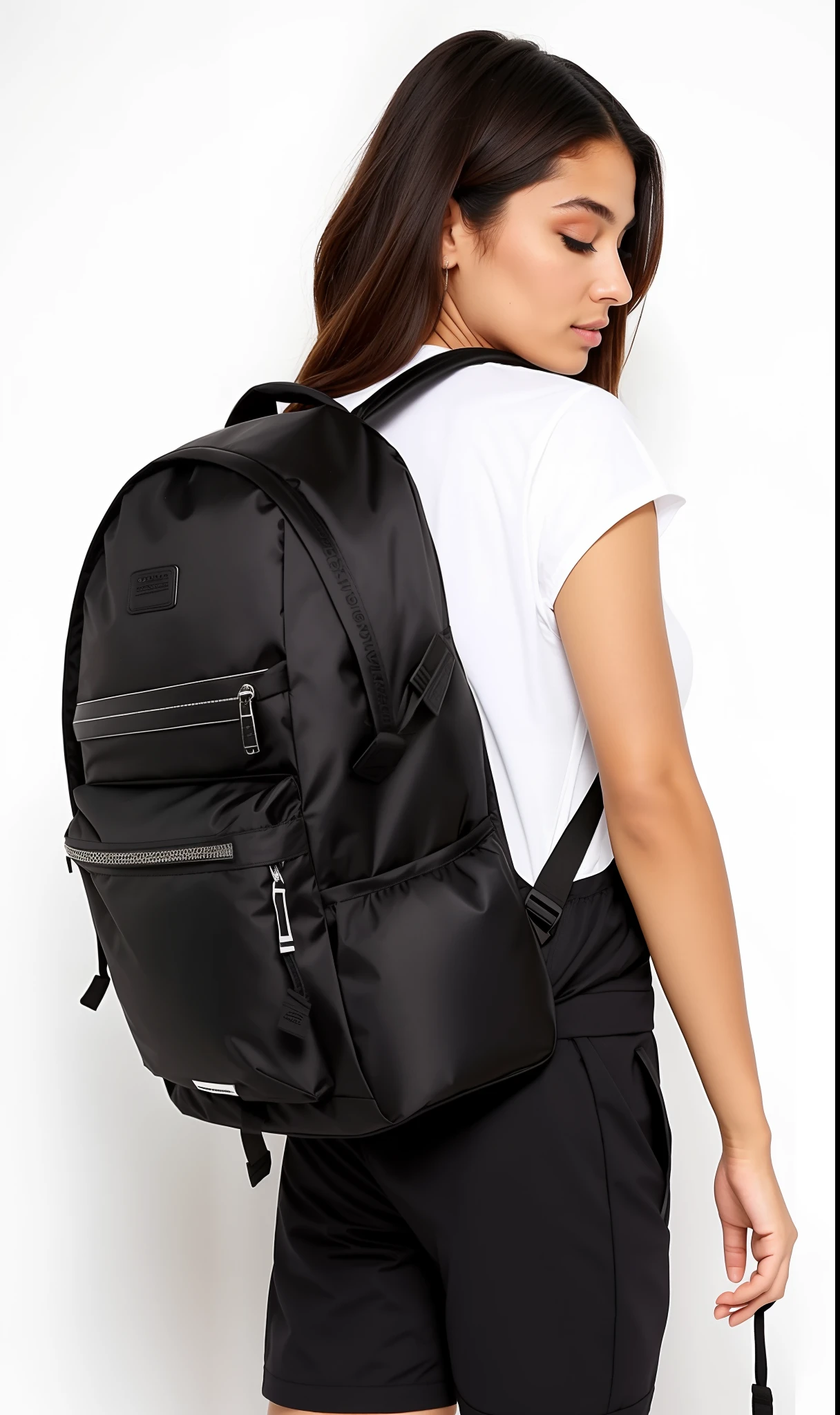 uma mulher linda, with defined assets, Accentuated spoils, vestindo uma mochila, shorts preto e uma camisa branca, mochila, uma mochila, com uma mochila, uma mulher usando uma mochila, a mulher tem uma mochila, bonito enorme bolsos hardware, roupas de caminhada, Sacos, trending on r/techwearclothing, carregando um saco de selim, com dois bolsos frontais, mochila escolar, trending on r/streetwear