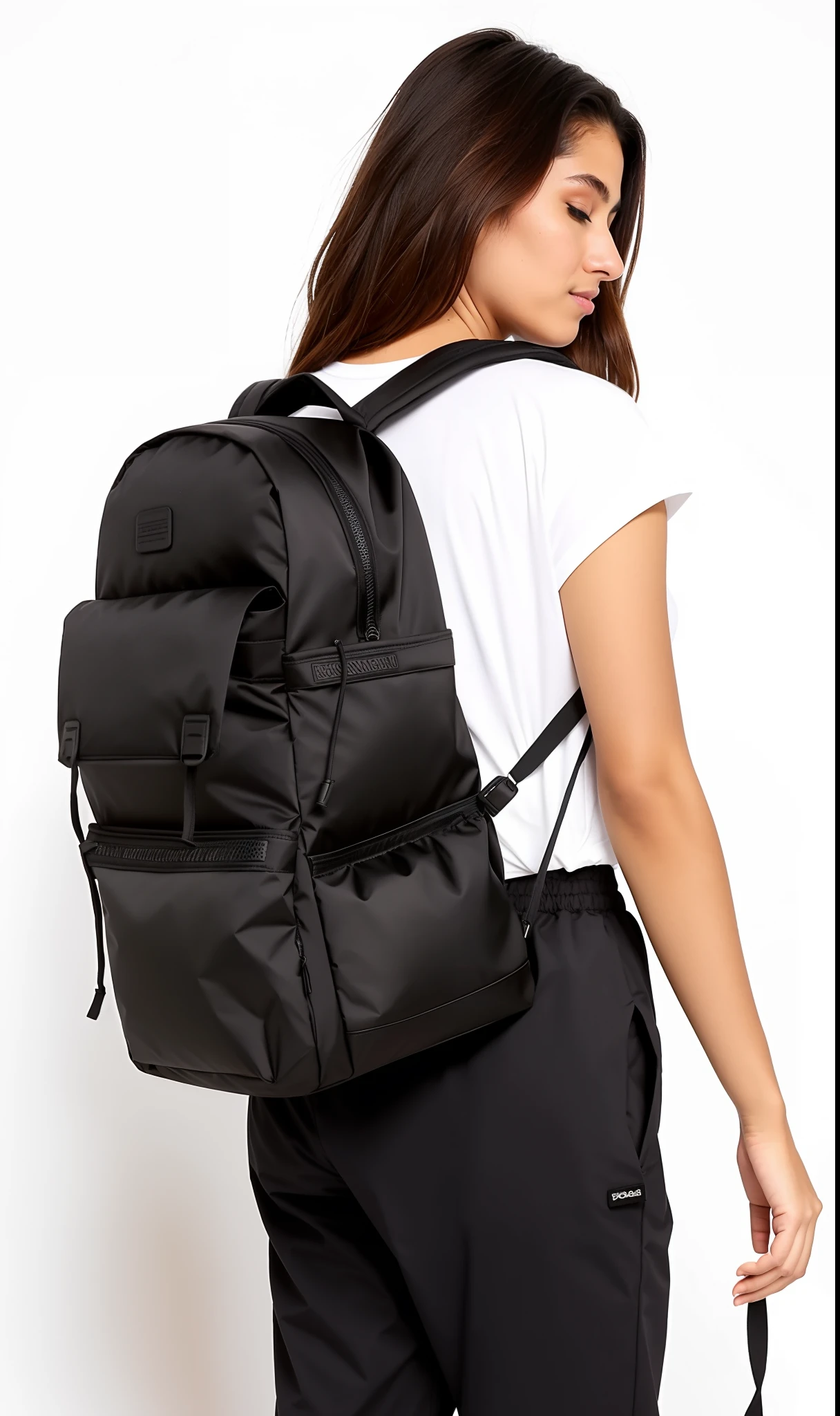 A woman in a white shirt and black skirt is carrying a backpack, mochila, uma mochila, com uma mochila, mochila escolar, com dois bolsos frontais, mochila quadrada, Sacos, Acentos escuros, foi', solid ash, Nice huge hardware bags, tela cinza, dois - tom, detalhes sutis, Fotografia de paisagem, um homem usando uma mochila, medium details, sharpened details