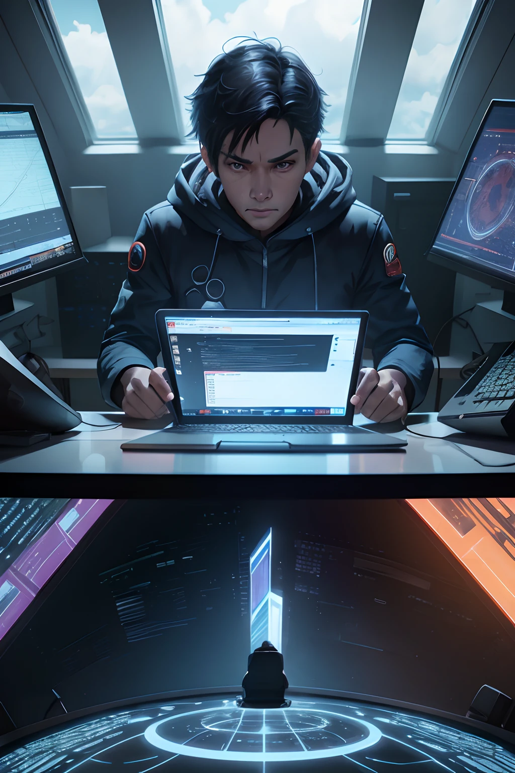 there is a man sitting on a table with a laptop, Ross Tran e Bayard Wu, Ross Tran 8 K, epic scene full of computers, Estilo Ross Tran, rossdraws global illumination, Makoto Shinkai. octan render, Bastien Grivet, Ross Tran e Wlop, Wojtek FUS, Ross Tran e Michael Whelan, Akira CGI Filme Stills