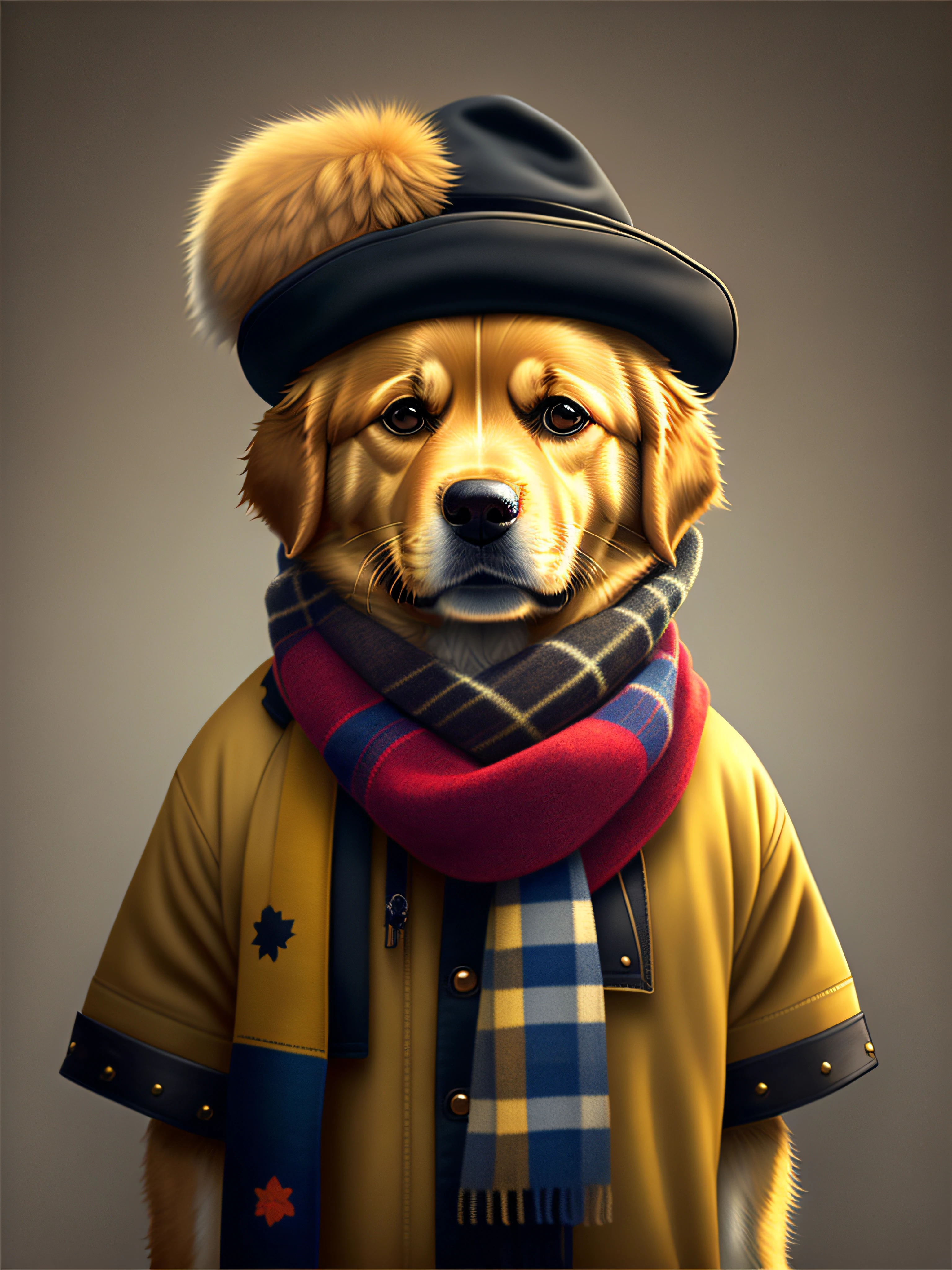 image of a cute golden retriever dog with hat and scarf, art season trend, dressed in punk clothes, hyper realistic detailed rendering, british gang member, urban style, intimidating pose, planet of cats, fashion clothes, samurai urban, meow, west slavic traits, 8 1 5