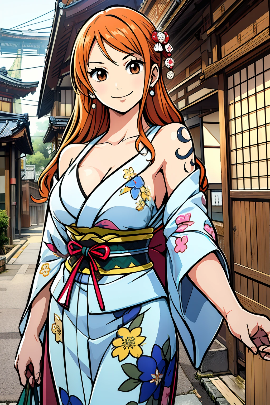masterpiece, ((ultra detailed background, delicate pattern, intricate detail)), (highly detailed, fine details), best quality, ((medium breasts, slim girl)), NamiChan, 1girl, orange hair, solo, long hair, jewelry, ((medium breasts, slim girl, japanese clothes, kimono, left shoulder tattoo)), hair ornament, brown eyes, smile, earrings, (complex detailed background, outside, urban environent, traditional japanese town environment, japanese buildings, cowboy shot),