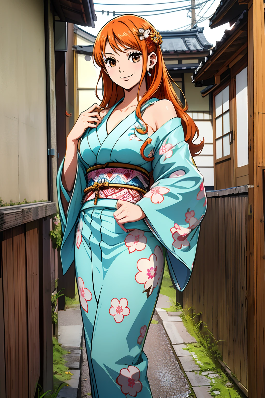masterpiece, ((ultra detailed background, delicate pattern, intricate detail)), (highly detailed, fine details), best quality, ((medium breasts, slim girl)), NamiChan, 1girl, orange hair, solo, long hair, jewelry, ((medium breasts, slim girl, japanese clothes, kimono, left shoulder tattoo)), hair ornament, brown eyes, smile, earrings, (complex detailed background, outside, urban environent, traditional japanese town environment, japanese buildings, cowboy shot),