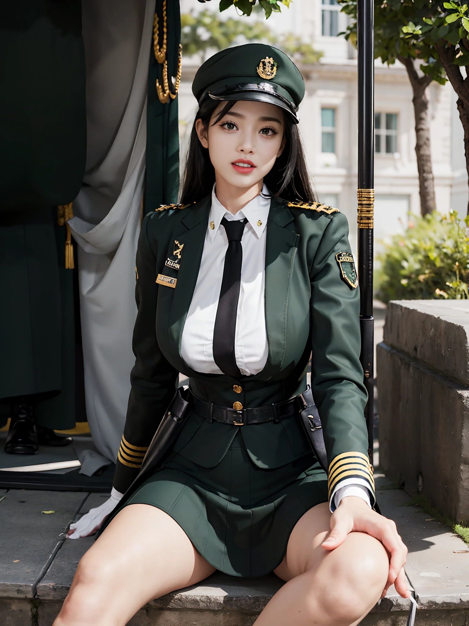 Usually detailed CG Unity 8K wallpaper，（tmasterpiece），（best qualtiy），（ultra - detailed），（Ultra photo realsisim），（best character detail：1.36），Nikon D750 f / 1.4 55mm，profesional lighting， physically-based renderingt, 1girll,  Female soldier，army suit，Dark green military uniform，Fabric texture military uniform，Pure white lining，Dark green tie，Army green skirt，military hat，Bare legged，Plump legs，whitestocking，without wearing shoes，Black hair，the golden ratio,[:(com rosto detalhado:1.2):0.2]:，PureErosFace_V1, broad shoulder,(Bigchest:1.5),(big assa:1.5),In the square，Splendid scenery，bright sun，RAW photogr，frontal photos， Look at the audience head-on，Night Street，lighting，Contre-Jour，Bright smile，White teeth，