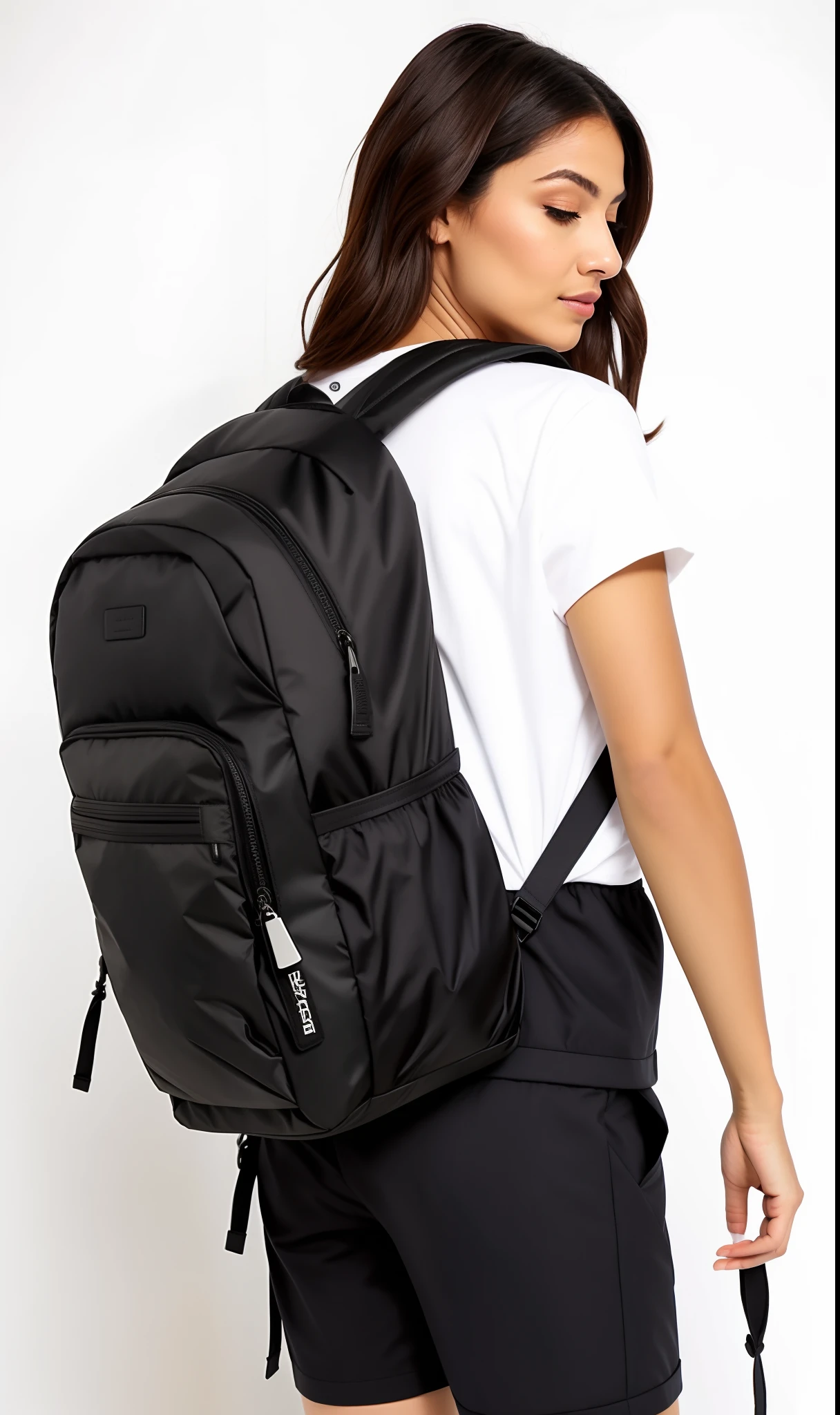 uma mulher linda, com ativos definidos, Despojos acentuados, vestindo uma mochila, shorts preto e uma camisa branca, mochila, uma mochila, com uma mochila, uma mulher usando uma mochila, a mulher tem uma mochila, Nice huge hardware bags, roupas de caminhada, Sacos, trending on r/techwearclothing, carregando um saco de selim, com dois bolsos frontais, mochila escolar, trending on r/streetwear