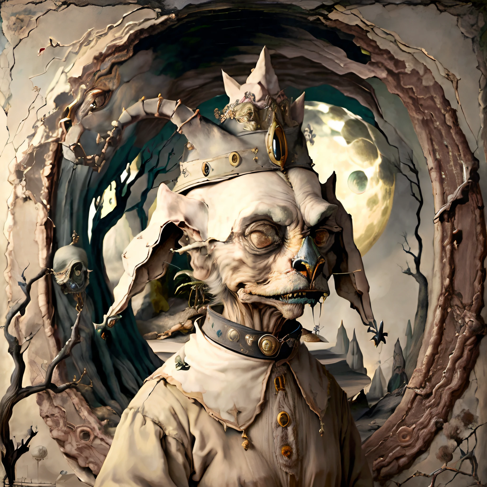 ((((higly detailed)))))surrealism,An old grandmother in a collar with crooked teeth gnaws a bone,Her gaze is fixed on the moon,She has an old tattered hat on her head