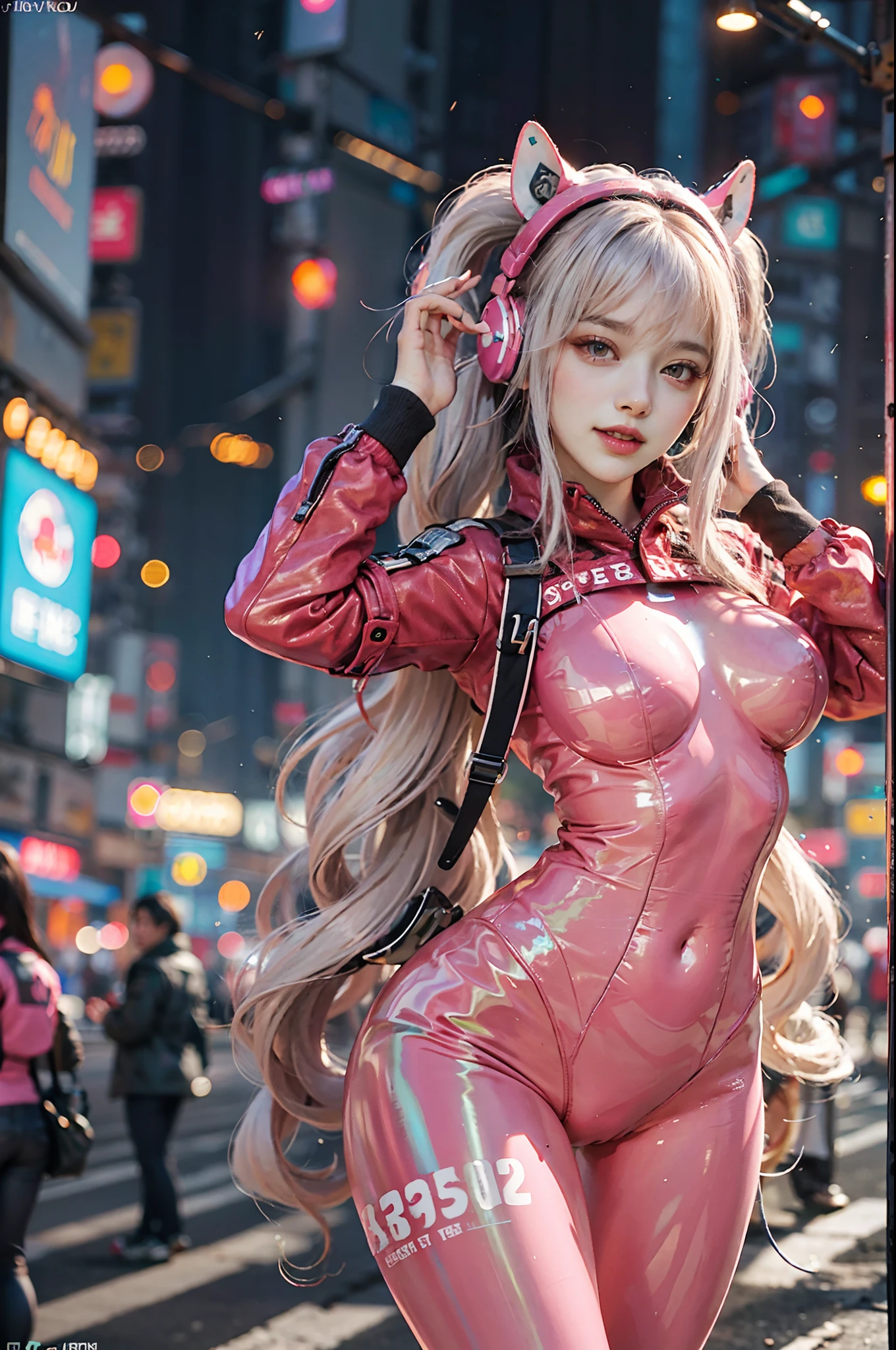 (RAW photo, best quality, masterpiece:1.2), (realistic, photo-realistic:1.4),(masterpiece:1.4),(best quality:1.4),1girl, solo, :d, cat ear headphones, arms up, bangs, blush, bodysuit, breasts, bunny pose, clothes writing, cowboy shot, cropped jacket, gloves, (((cyberpunk city streets background))), hair intakes, headphones, tech bodysuit, impossible clothes, tech jacket, large breasts, latex, latex bodysuit, long hair, long sleeves, looking at viewer, large breasts, multicolored gloves, open mouth, pink bodysuit, pink eyes, red jacket, shiny clothes, shrug \(clothing\), sidelocks, skin tight, smile, thigh gap, thighs, twintails, very long hair, white gloves, white hair,alice \(nikke\),(shiny skin),realistic.