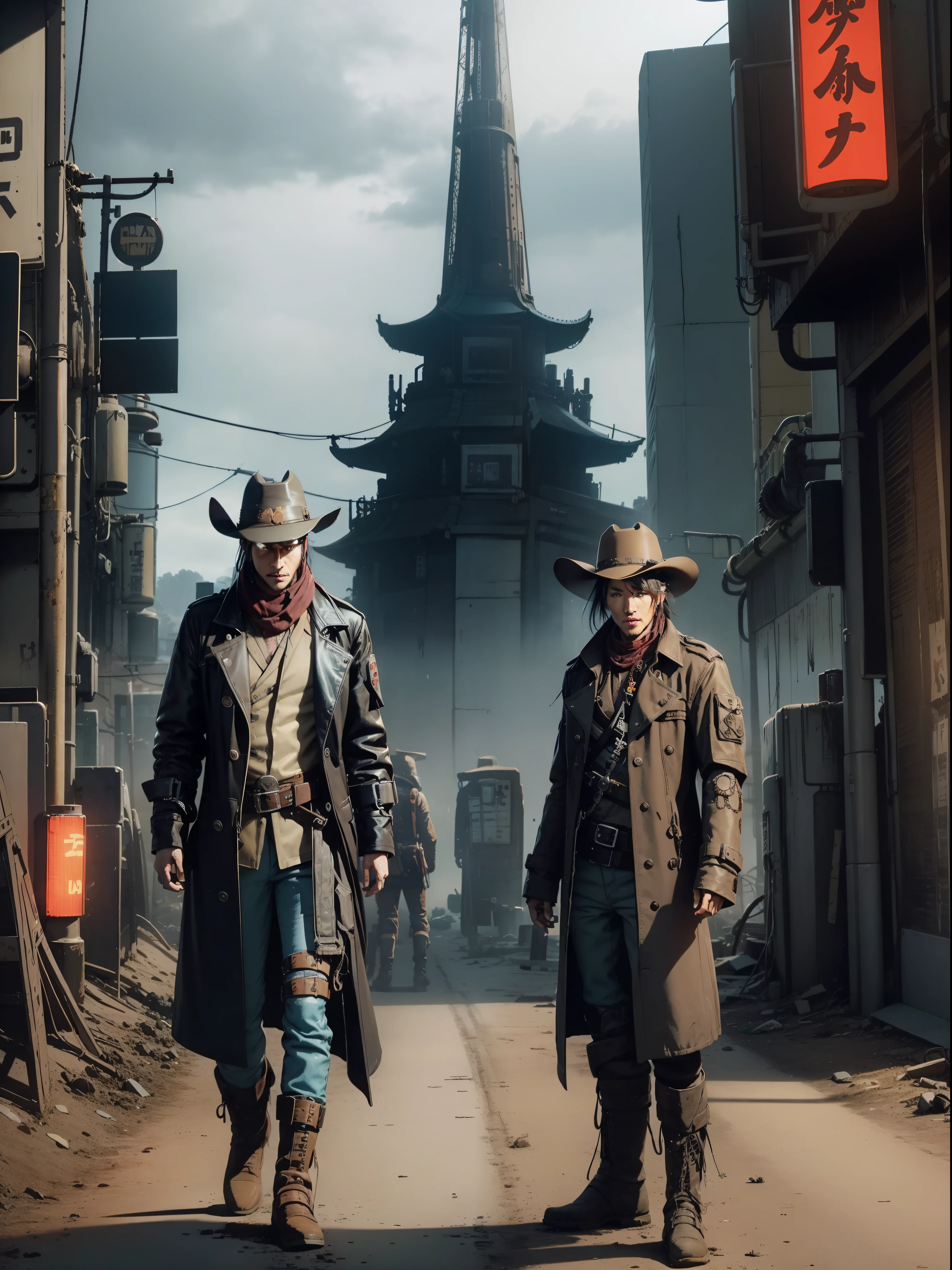 there is a man in a hat and trench coat holding , in a post apocalyptic setting, japanese cyberpunk wild west, post - apocalyptic cowboy, post apocalyptic explorer, post apocalyptic japanese western style, cyberpunk style outfit, post apocalyptic, cinematic full body shot, post apocalyptic attire, cyberpunk street goon, western steampunk cybo