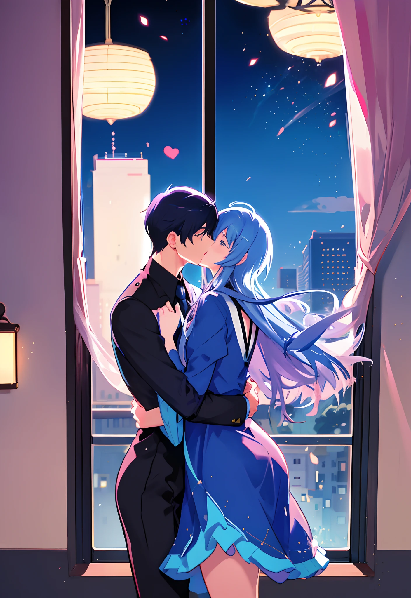 Anime couple kissing in front of window in city lights, Two anime handsome men, kissing together cutely, Yaoi, sakimichan and frank franzzeta, nick silva and ilya kuvshinov, official fan art, nixeu and sakimichan, frank franzzeta and sakimichan, e boys