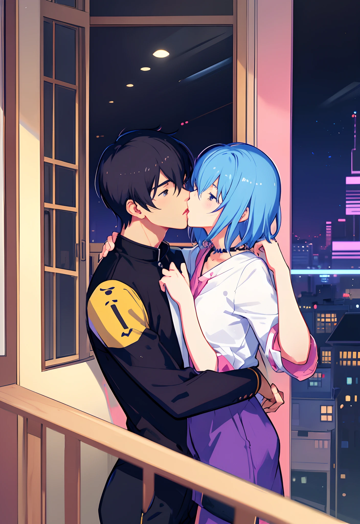 Anime couple kissing in front of window in city lights, Two anime handsome men, kissing together cutely, Yaoi, sakimichan and frank franzzeta, nick silva and ilya kuvshinov, official fan art, nixeu and sakimichan, frank franzzeta and sakimichan, e boys
