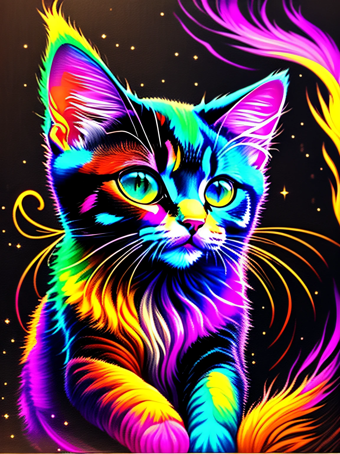 a painting of a colored cat on a black background, breathtaking rendering, within a radiant connection, inspired by Kinuko Y. Craft,, magical elements, kitten icon, wow, is beautiful, casting a multi colorful spell, bright flash, flash