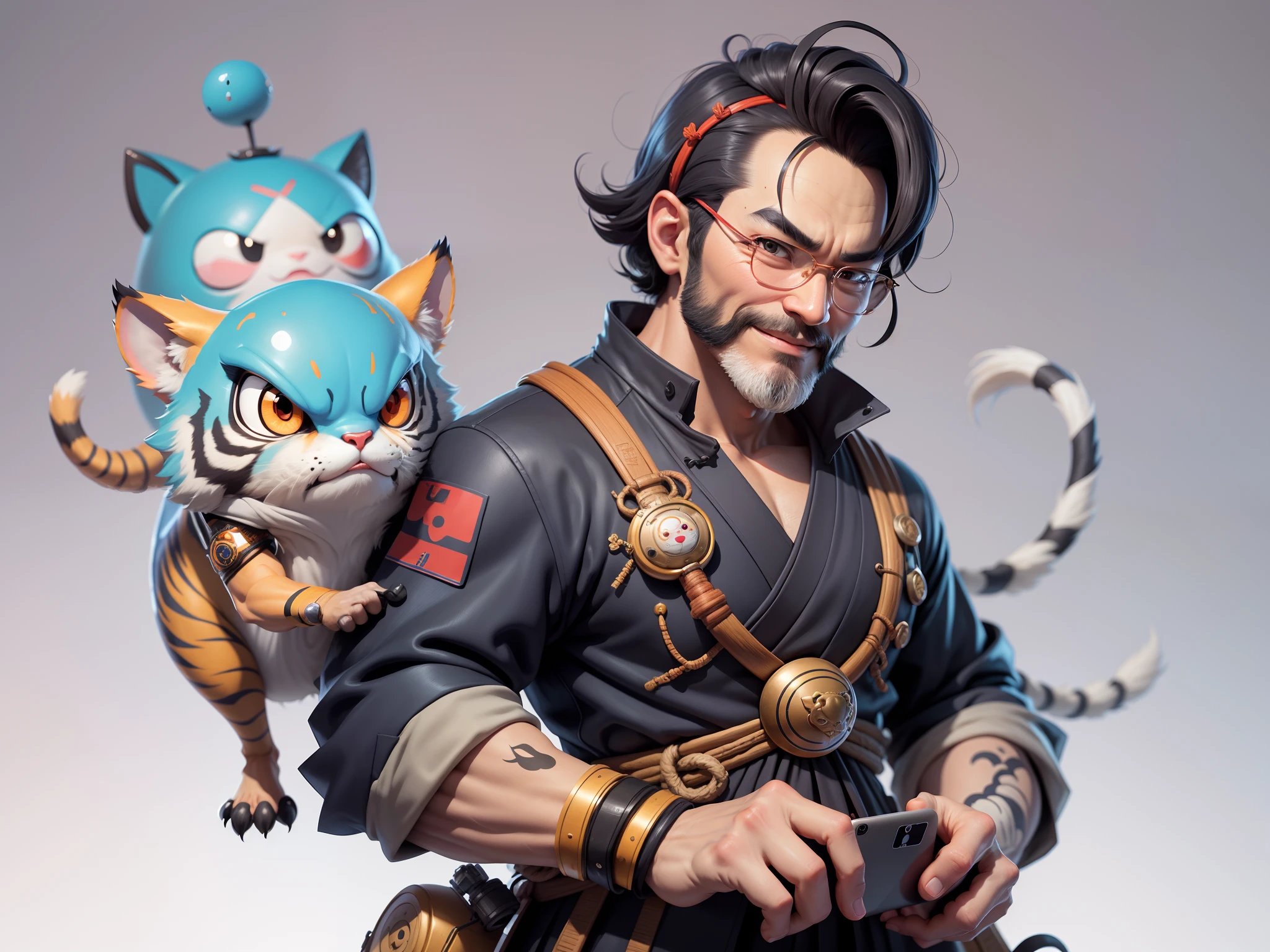 (Daisaku),(Need),(Super meticulous),(full bodyesbian:1.2),Super young man with Japanese geisha，Beautiful，orient，one tiger，Aeolian Thor，Raised sexy，爆乳，Oriental face，TV Anchor，Bust portrait illustration，In black suit，a blue tie，The face is slightly chubby，The face was clean，without a beard，Black super short hair，Black eyes，Smile confidently，3C computer sub-products，iPad， iphone，Digital painting，3D character design by Mark Clairen and Pixar and Hayao Miyazaki and Akira Toriyama，The illustration is a high-definition illustration in 4K resolution，With very detailed facial features and cartoon-style visuals。