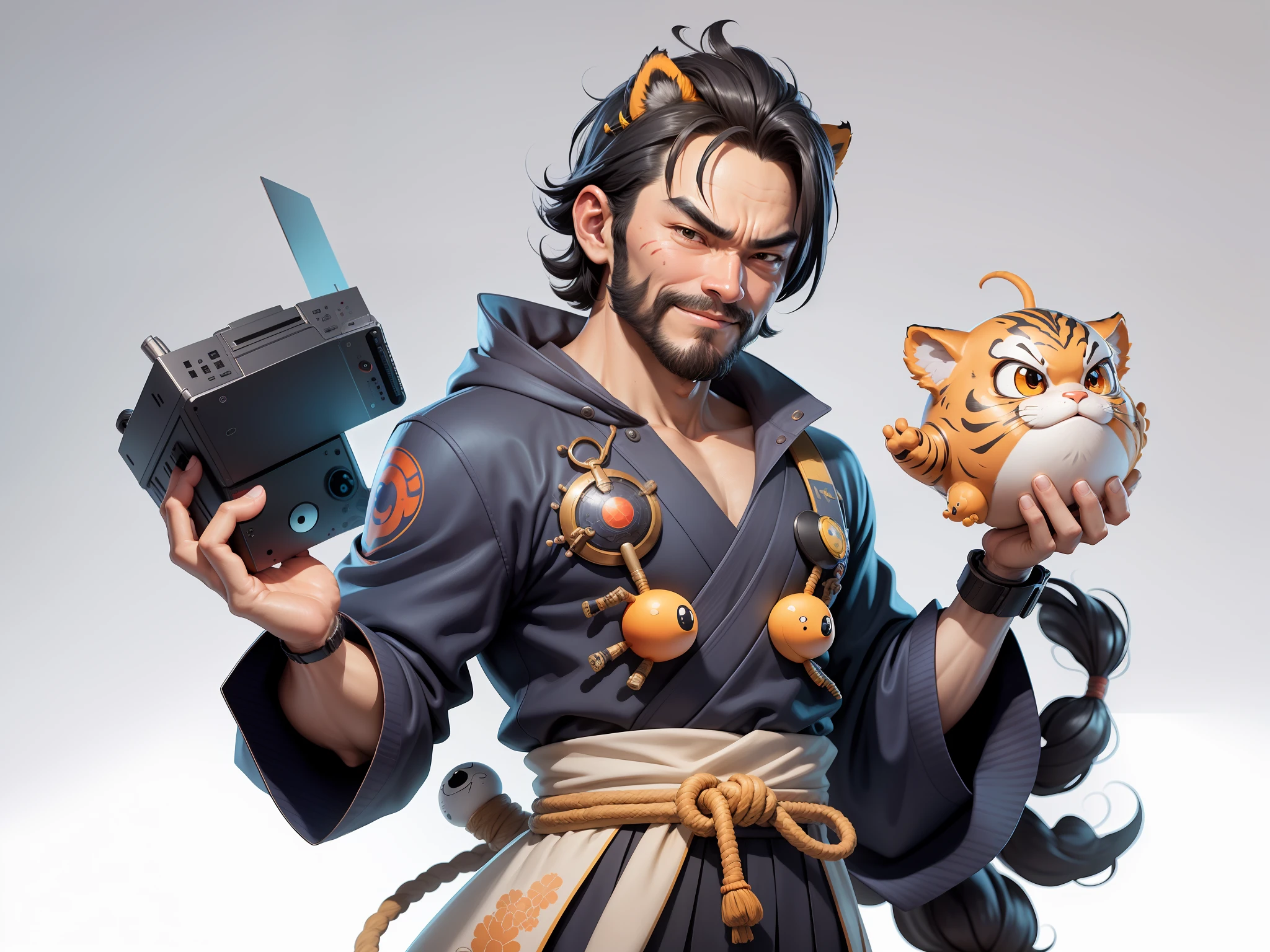 (Daisaku),(Need),(Super meticulous),(full bodyesbian:1.2),Super young man with Japanese geisha,Beautiful,orient,one tiger,Aeolian Thor,Raised sexy,爆乳,Oriental face,TV Anchor,Bust portrait illustration,In black suit,a blue tie,The face is slightly chubby,The face was clean,without a beard,Black super short hair,Black eyes,Smile confidently,3C computer sub-products,iPad, iphone,Digital painting,3D character design by Mark Clairen and Pixar and Hayao Miyazaki and Akira Toriyama,The illustration is a high-definition illustration in 4K resolution,With very detailed facial features and cartoon-style visuals。