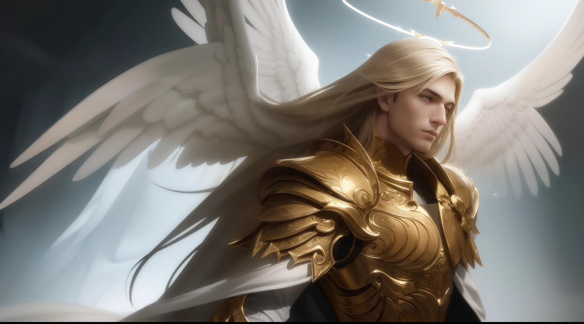 best quality, masterpiece, upper body,
bright highlights, (extremely detailed CG unity 8k wallpaper), handsome young man, angelic wings, halo,  
(male, man), long hair, serious, dramatic pose, shiny armor, knight, cinematic lighting, photorealistic, dynamic pose, sharp-focus, Dynamic composition, 80s fantasy art, (photorealistic:1.4), (masterpiece, finely detailed beautiful eyes: 1.2), masterpiece*portrait, realistic, 3d face, glowing eyes, blonde hair,
1920s plunging neckline dress