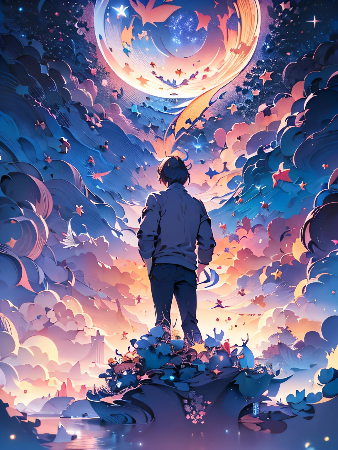 (((masterpiece))),best quality, illustration, sky, cloud, star \(symbol\),1man, handsome man, night, moon, star \(sky\), night sky, starry sky, vibrant color scheme, Soft light,(warm color:1.2),Water color painting, light background, best quality exquisite details,3d rendering,Octane render, paper_cut