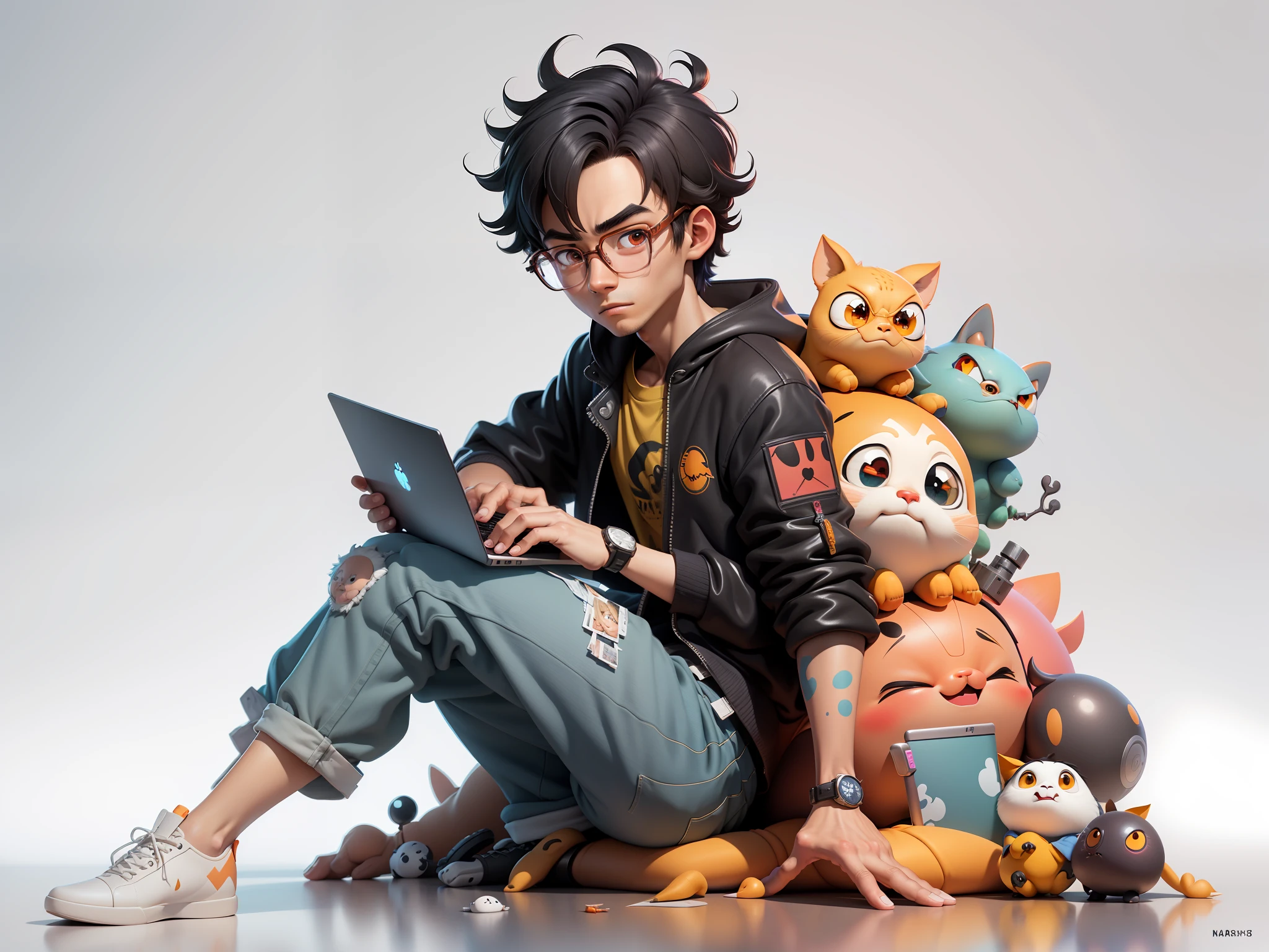 A young man with glasses sits at his desk，holding laptop，digitial painting，3D character design by Mark Clairen and Pixar and Hayao Miyazaki and Akira Toriyama，4K HD illustration，Very detailed facial features and cartoon-style visuals。