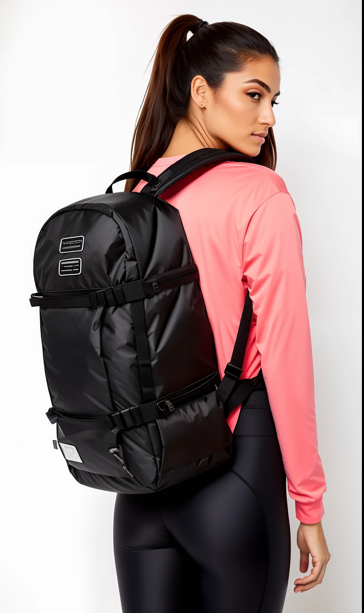 uma mulher linda, com ativos definidos, Despojos acentuados, vestindo uma mochila, legging preto e uma camisa branca, mochila, uma mochila, com uma mochila, uma mulher usando uma mochila, a mulher tem uma mochila, Nice huge hardware bags, roupas de caminhada, Sacos, trending on r/techwearclothing, carregando um saco de selim, legging pants , mochila escolar, trending on r/streetwear
