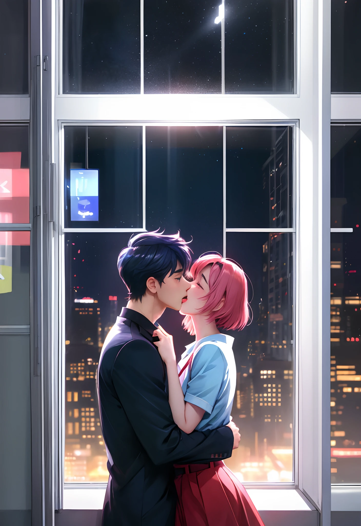 Anime couple kissing in front of window in city lights, Two anime handsome men, kissing together cutely, Yaoi, sakimichan and frank franzzeta, nick silva and ilya kuvshinov, official fan art, nixeu and sakimichan, frank franzzeta and sakimichan, Cute boys