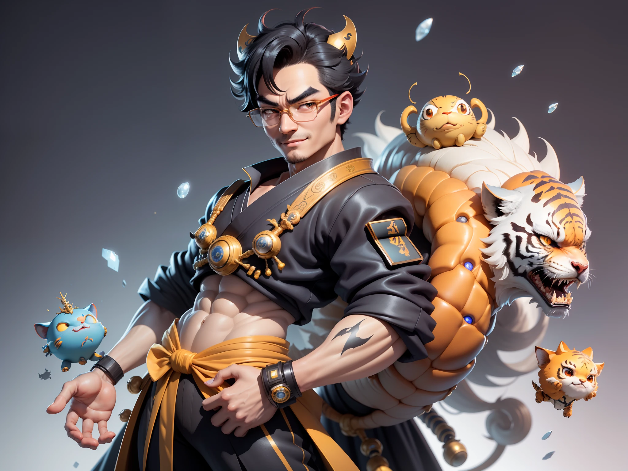 (Masterpiece), (Excellent), (Super Meticulous), (Full Body: 1.2), Super Young Man with Japanese Female Geisha, Pretty, Beautiful, Chinese Dragon, Tiger, Wind God Thor, Sexy, Bursting, Oriental Face, TV Anchor, Bust Portrait Illustration, Black Suit, Blue Tie, Slightly Chubby Face, Silver Glasses, Very Clean Face, No Beard on Chin, Black Super Short Hair, Black Eyes, Confident Smile, 3c Computer Sub-Products, iPad, iPhone, Digital Painting, 3D character design by Mark Clairedon and Pixar and Hayao Miyazaki and Akira Toriyama, the illustrations are HD illustrations in 4K resolution with highly detailed facial features and cartoon-style visuals.