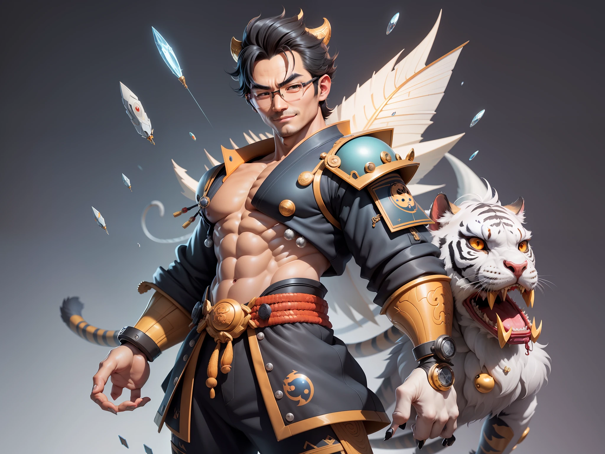 (Masterpiece), (Excellent), (Super Meticulous), (Full Body: 1.2), Super Young Man with Japanese Female Geisha, Pretty, Beautiful, Chinese Dragon, Tiger, Wind God Thor, Sexy, Bursting, Oriental Face, TV Anchor, Bust Portrait Illustration, Black Suit, Blue Tie, Slightly Chubby Face, Silver Glasses, Very Clean Face, No Beard on Chin, Black Super Short Hair, Black Eyes, Confident Smile, 3c Computer Sub-Products, iPad, iPhone, Digital Painting, 3D character design by Mark Clairedon and Pixar and Hayao Miyazaki and Akira Toriyama, the illustrations are HD illustrations in 4K resolution with highly detailed facial features and cartoon-style visuals.