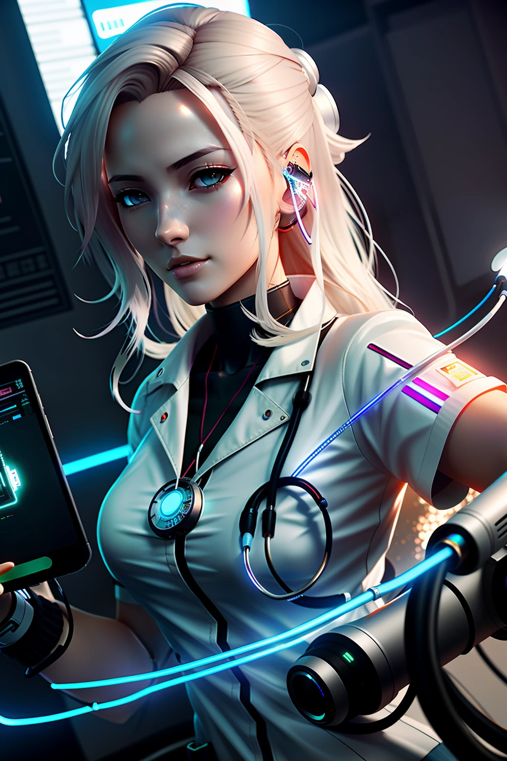 Blonde woman in a white shirt holding a cell phone and a stethoscope, Wojtek FUS, Ross Tran 8 K, arte digital do anime cyberpunk, stunning digital illustration, arte conceitual digital suave, Arte digital realista 4K, Arte digital realista 4K, arte de anime digital detalhada, 3 d render arte do caractere 8 k, cyberpunk digital - arte de anime, bela arte digital