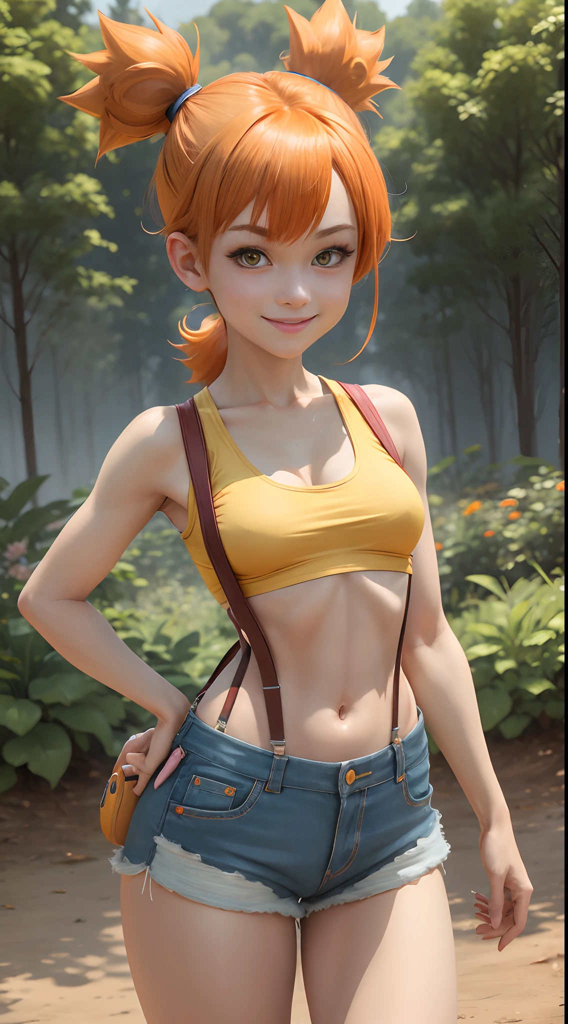 masterpiece, best quality, highres, 1girl, misty (pokemon), orange hair, solo, shorts, suspenders, side ponytail, orange hair, midriff, yellow crop top, navel, short hair, denim, denim shorts,, smile, cowboy shot, outdoors, Under Boob, small breasts, Externally expanded Chest,